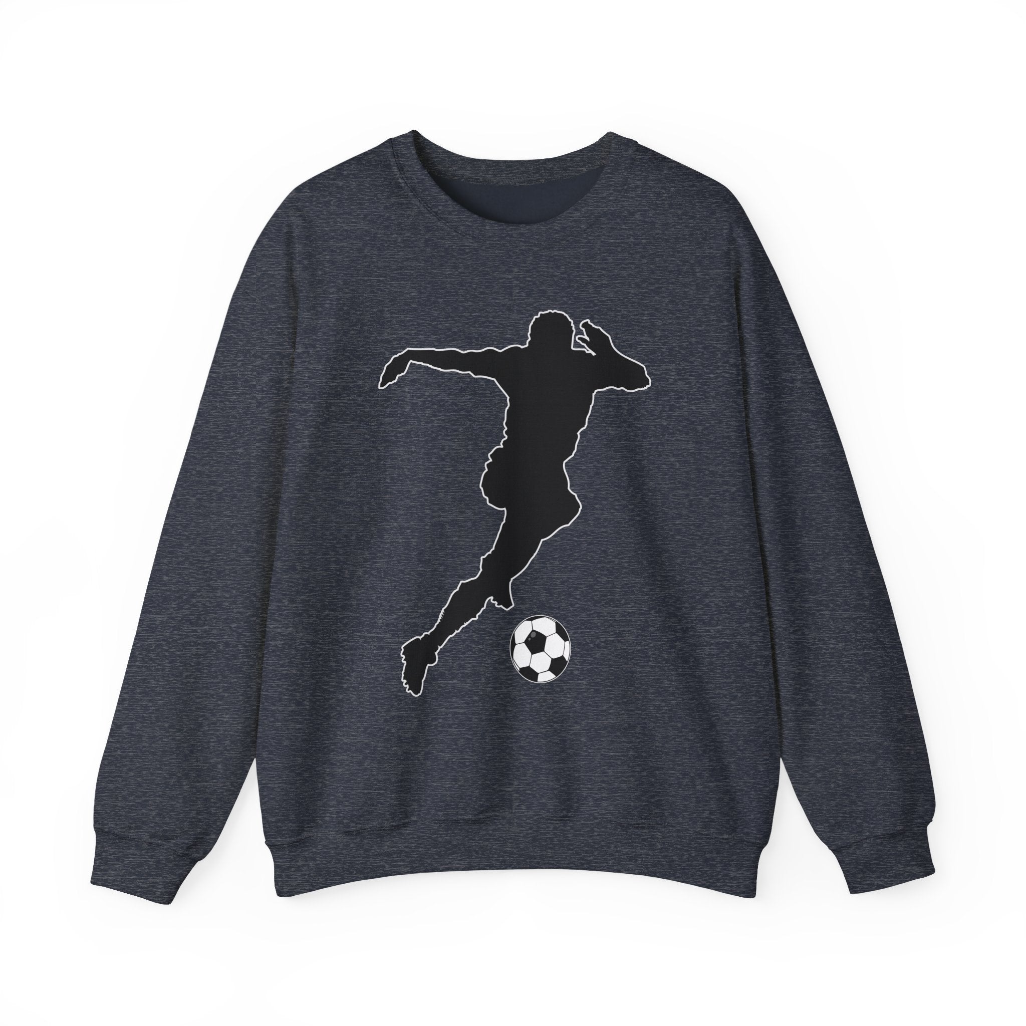 Heather sport dark navy gray sweatshirt with a black silhouette of a soccer player kicking a ball on a white background