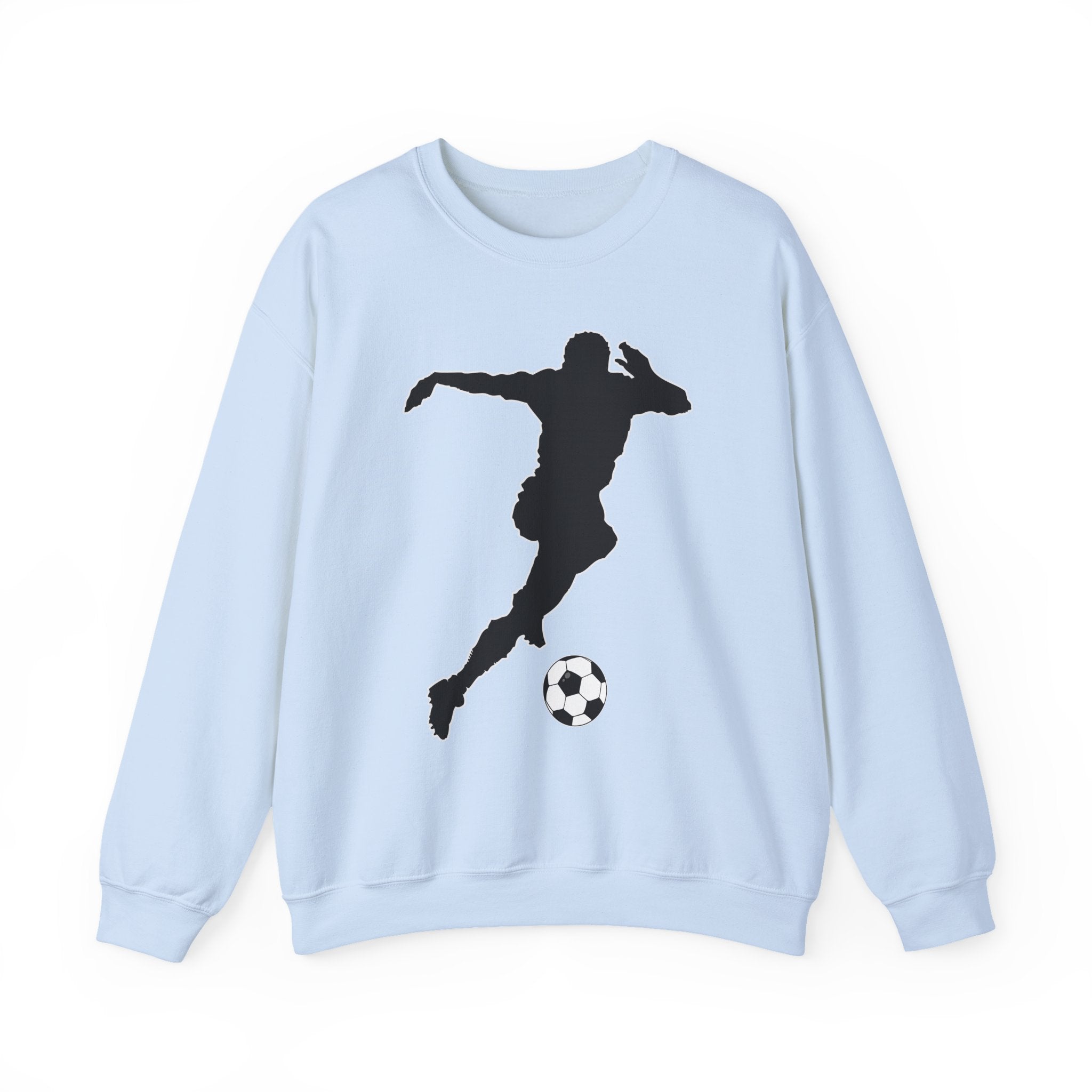 Light blue sweatshirt with a black silhouette of a soccer player and ball on a white background