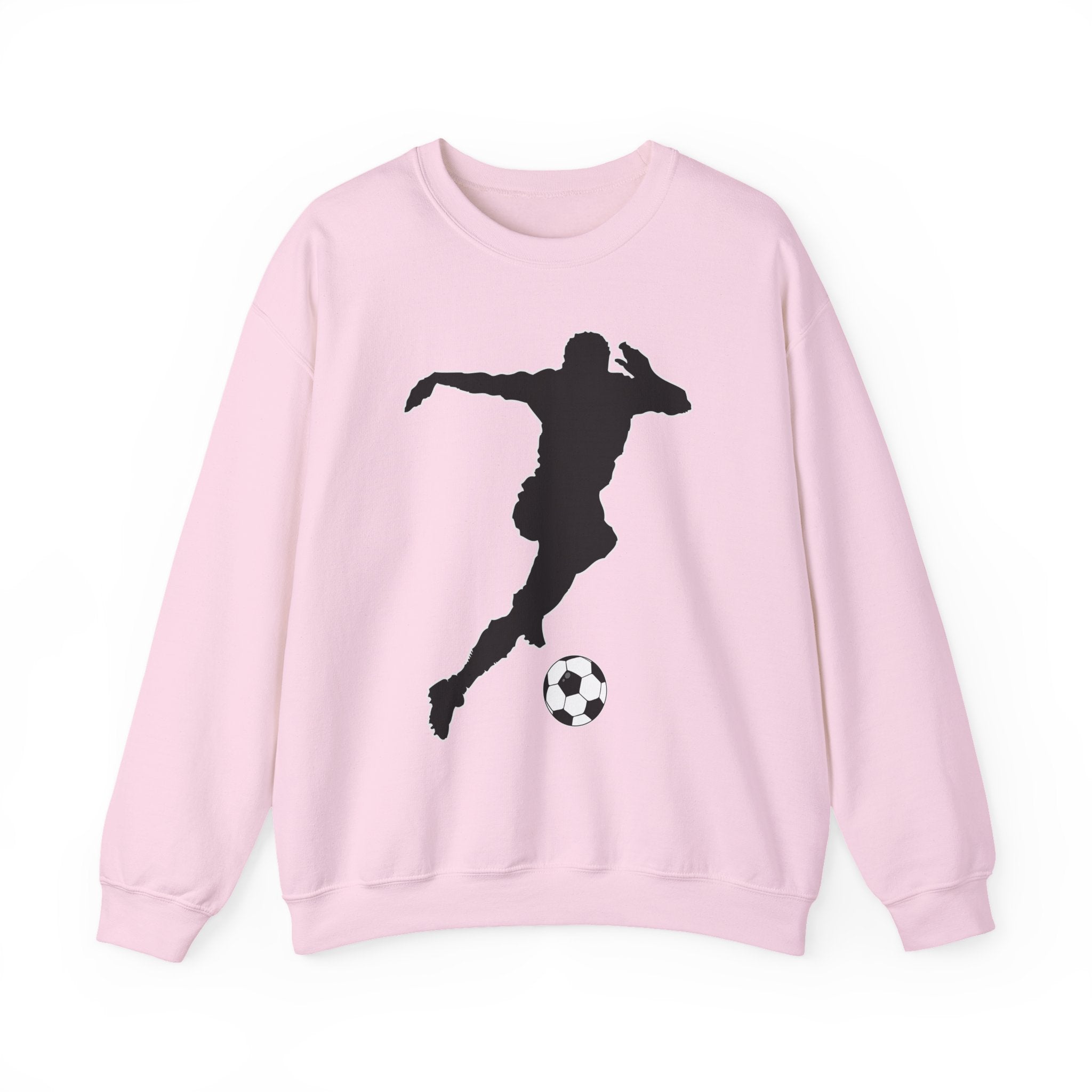 Light pink sweatshirt with a black silhouette of a soccer player and ball on a white background