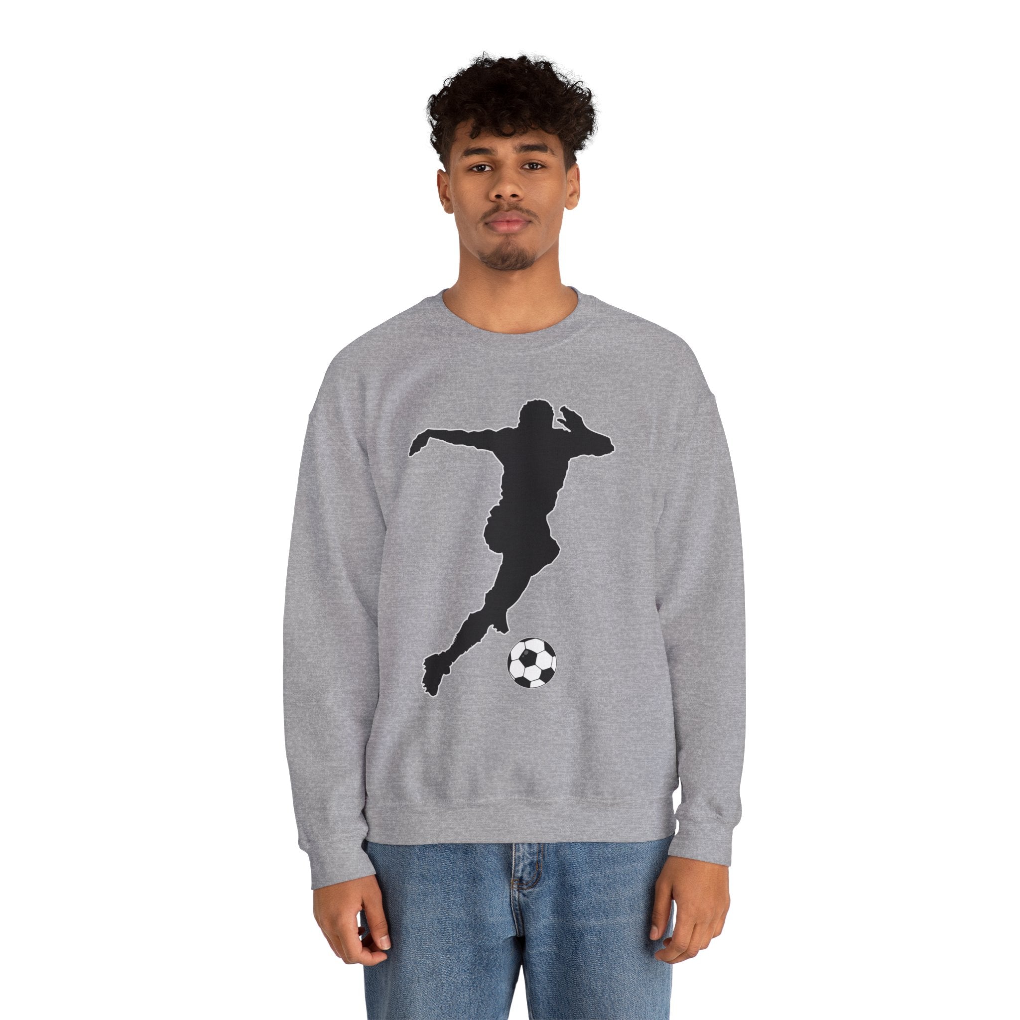 Person wearing a gray sweatshirt with a black silhouette design on a white background