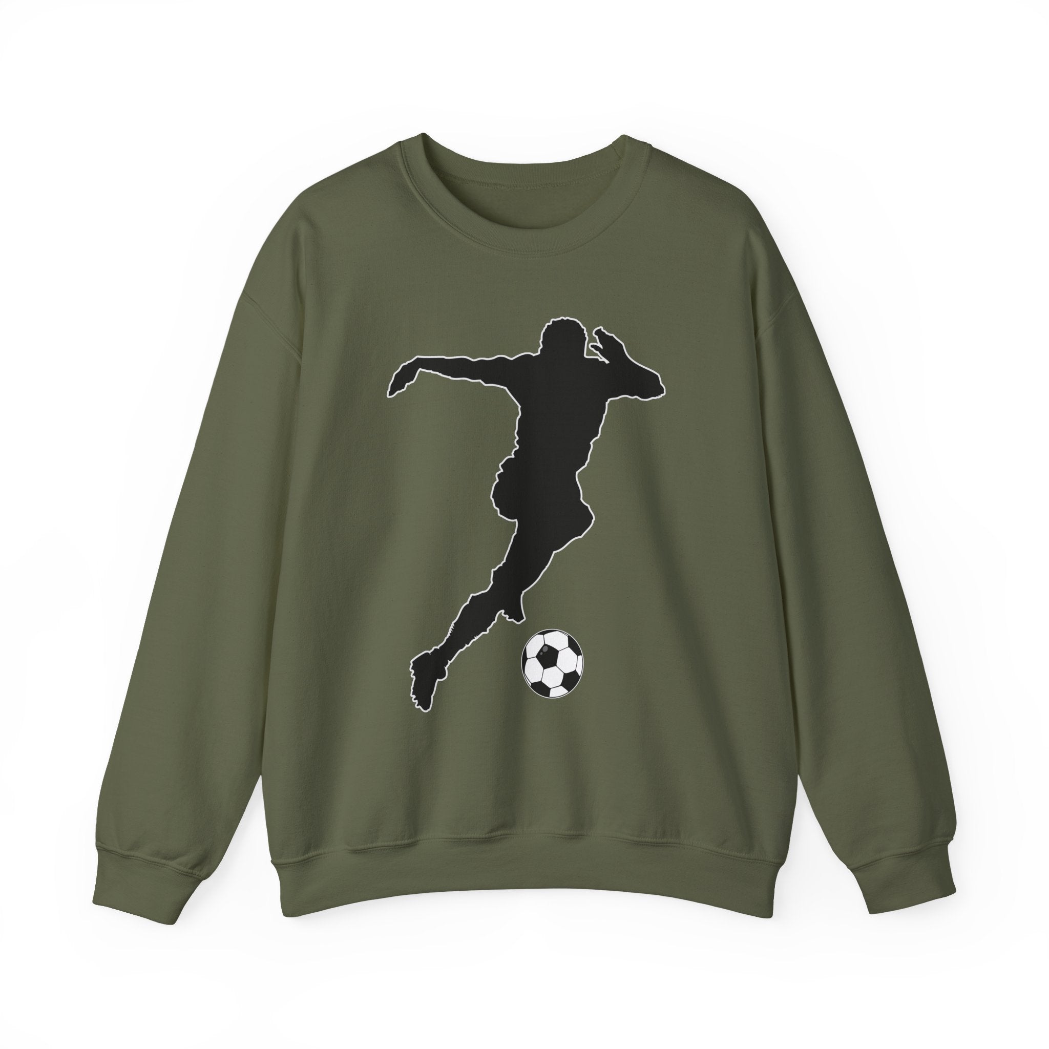 Military green sweatshirt with a black silhouette of a soccer player kicking a ball on a white background
