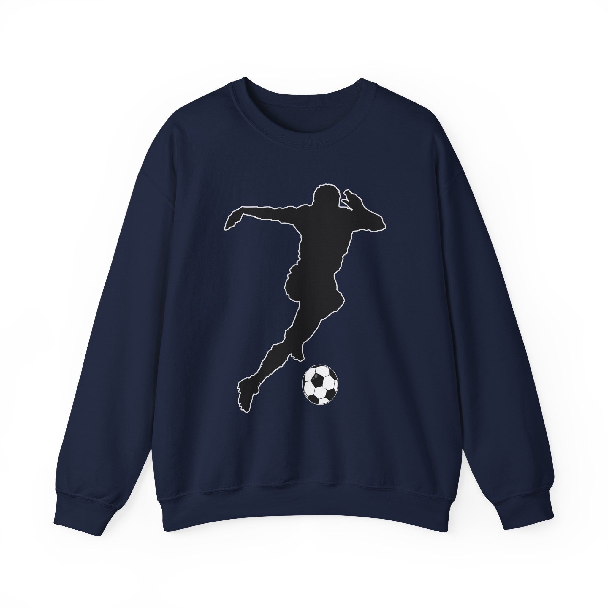 Navy blue sweatshirt with a black silhouette of a soccer player and ball on a white background