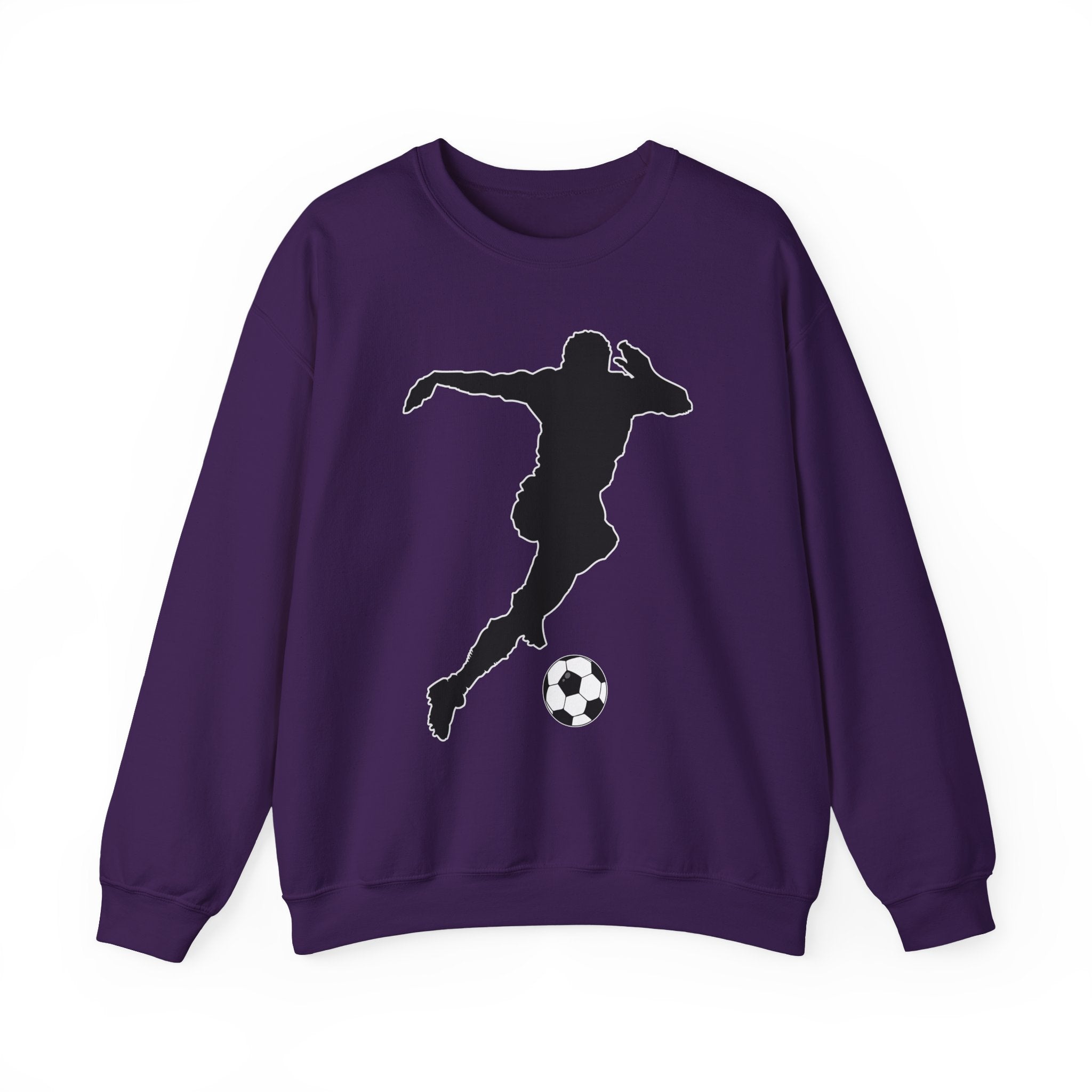 Purple sweatshirt with a black silhouette of a soccer player and ball on a white background