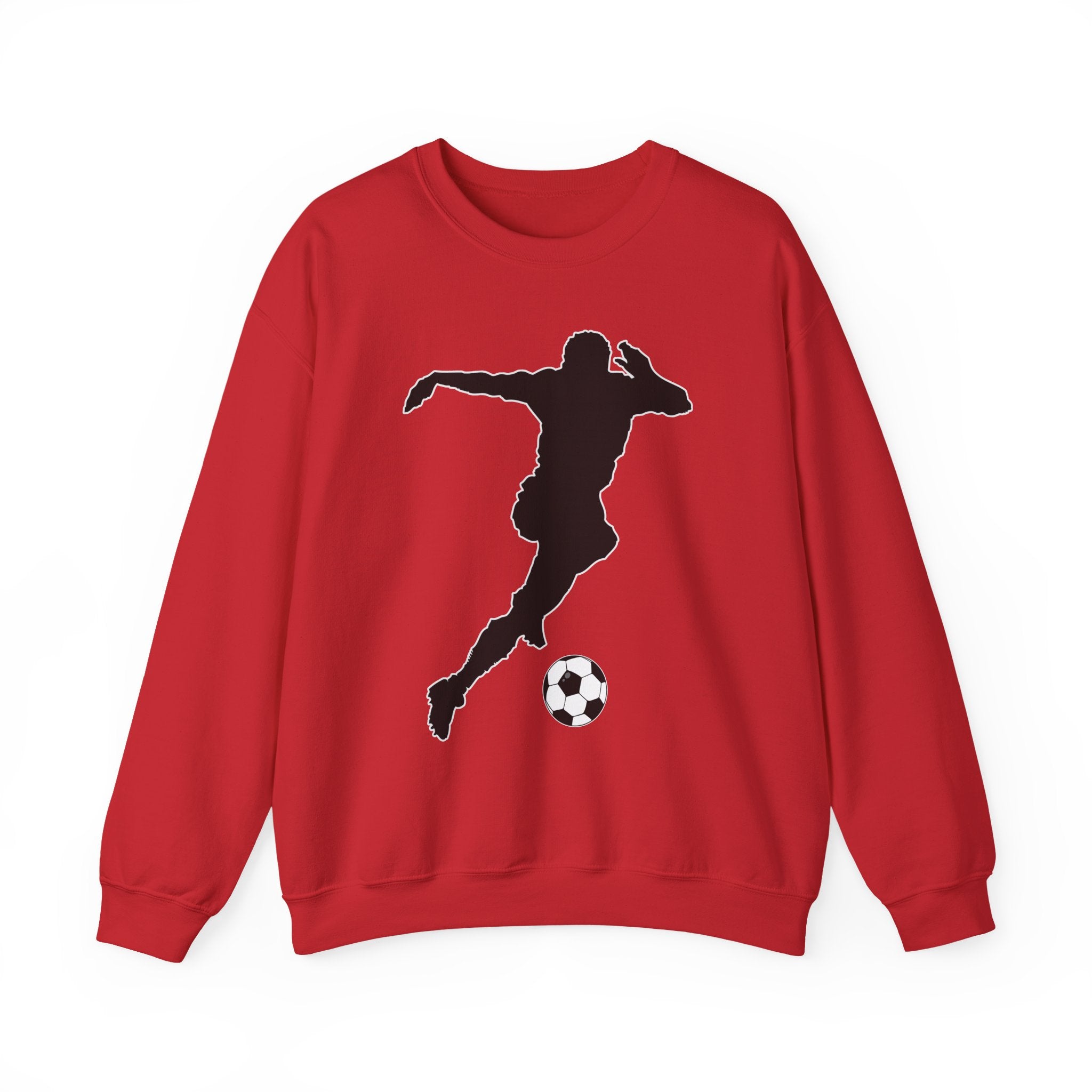 Red sweatshirt with black silhouette of a soccer player kicking a ball on a white background