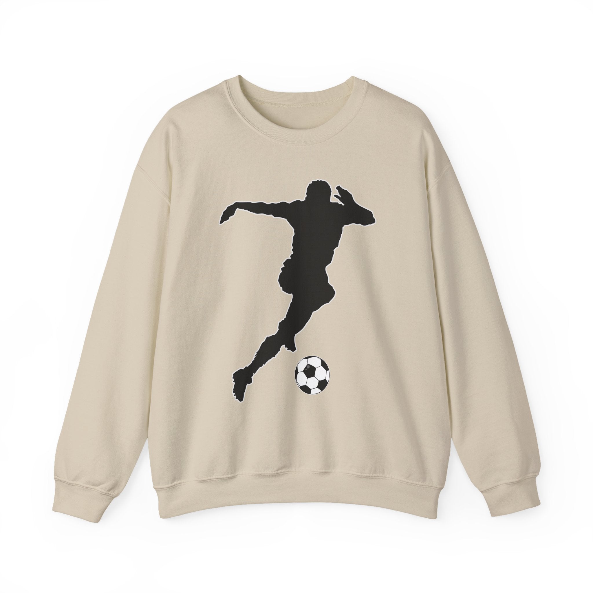 Beige sweatshirt with a black silhouette of a soccer player and ball on a white background