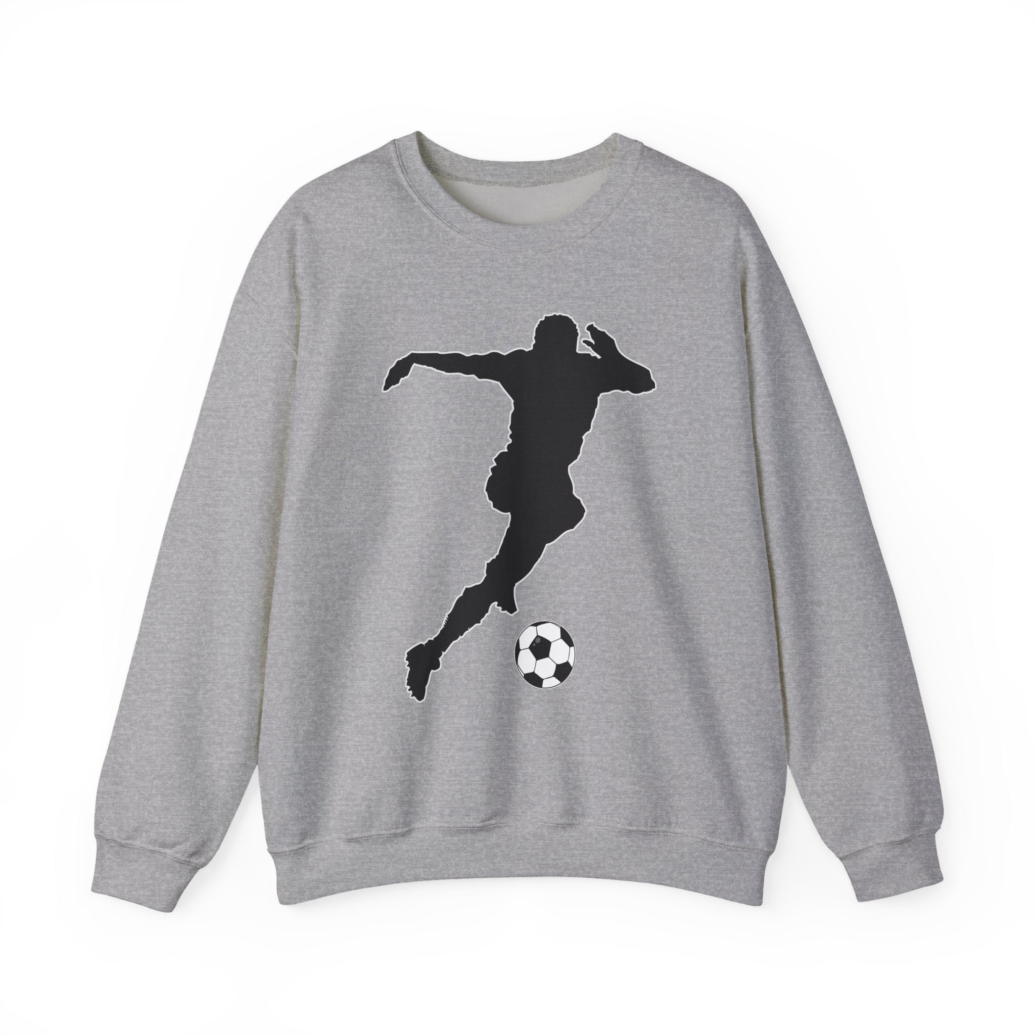 Gray sweatshirt with a black silhouette of a soccer player and ball on a white background