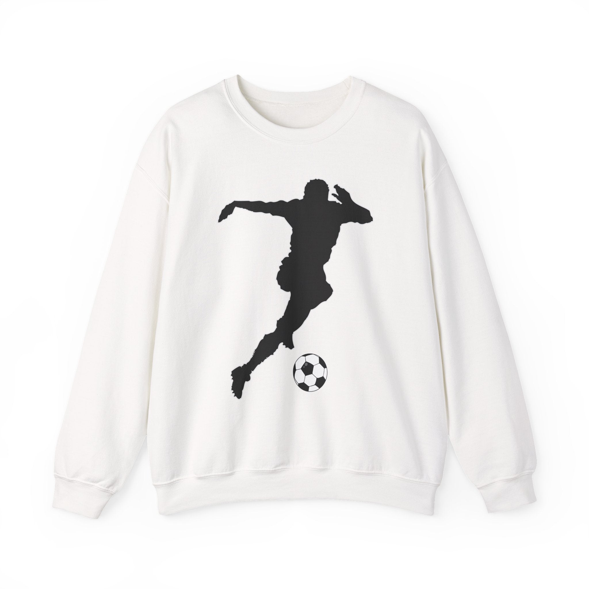 White sweatshirt with a black silhouette of a soccer player and ball on a white background