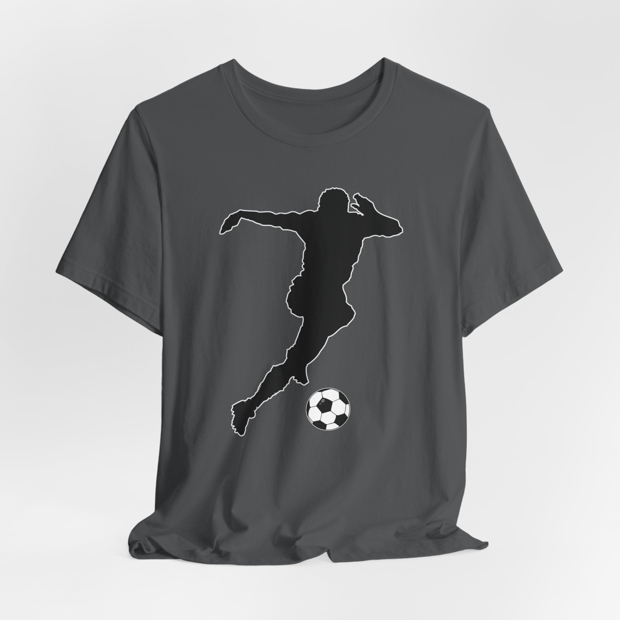 Gray t-shirt with a black silhouette of a soccer player kicking a ball on a white background