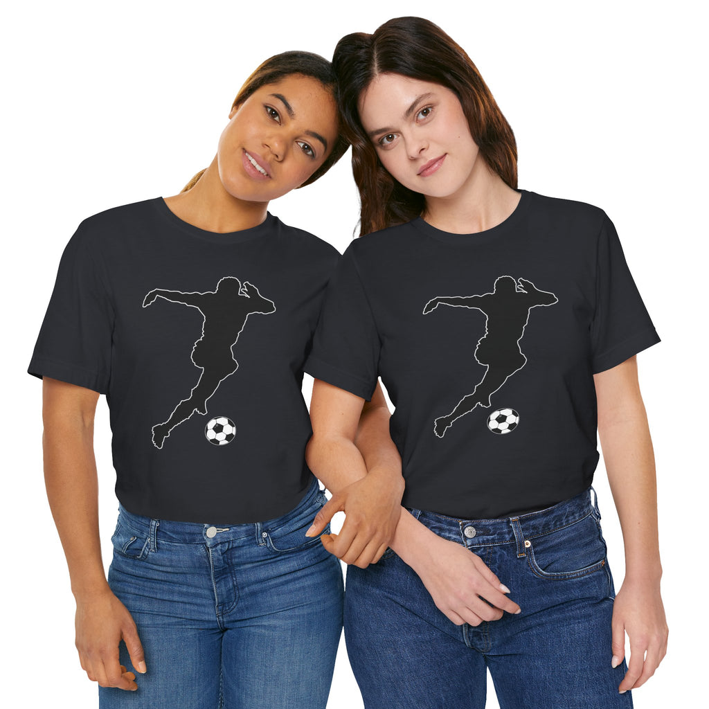 Two people wearing black t-shirts with a graphic design of a soccer player and ball on a white background.