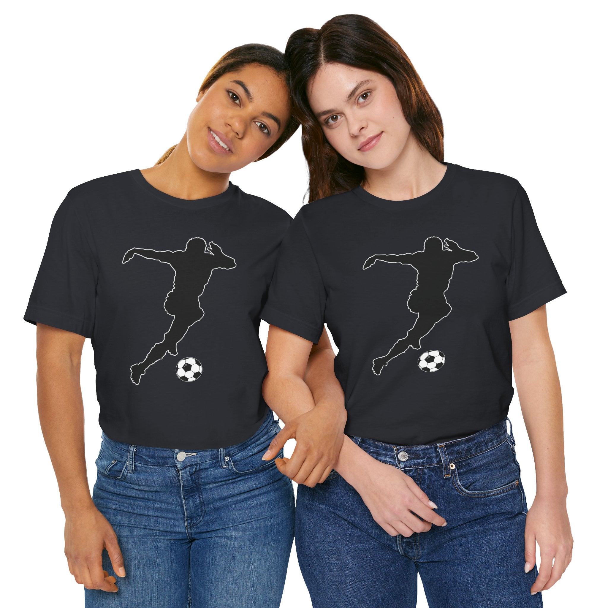 Two people wearing black t-shirts with a graphic design of a soccer player and ball on a white background.