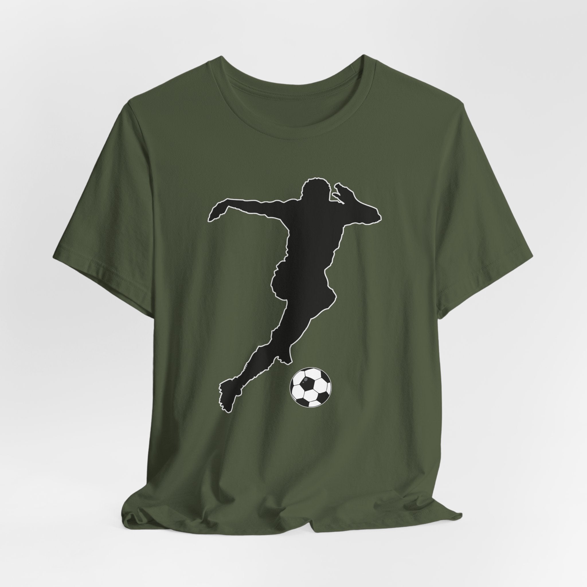 Green t-shirt with a black silhouette of a soccer player kicking a ball on a white background