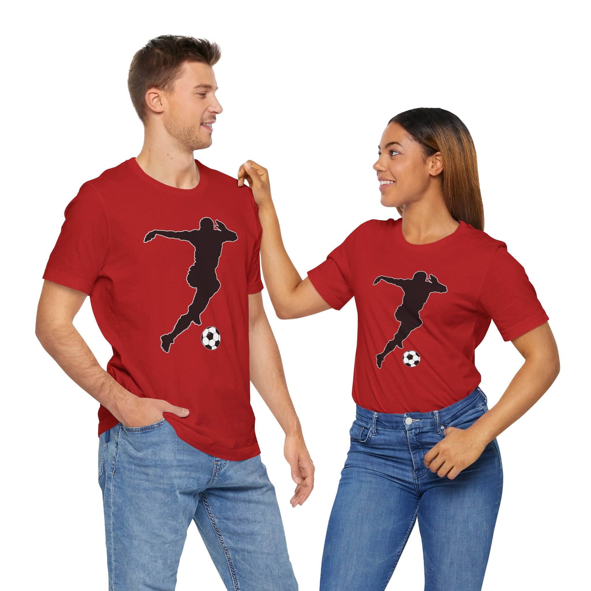 Two people wearing red t-shirts with a black silhouette design on a white background