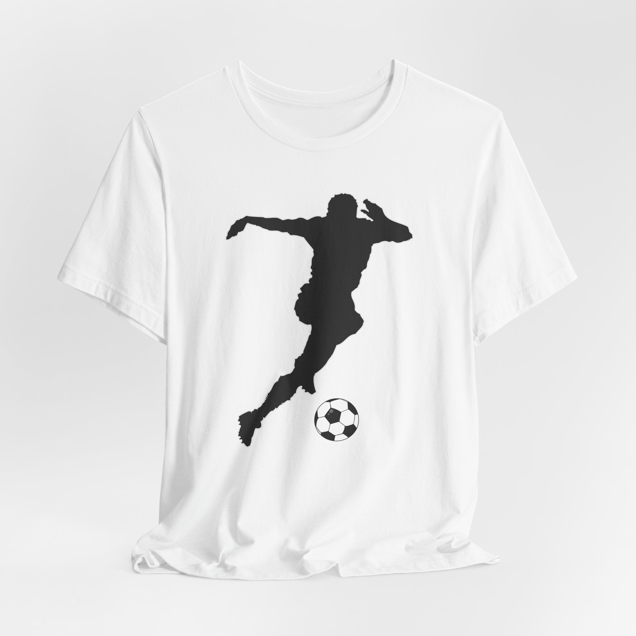 White t-shirt with a black silhouette of a soccer player and ball on a white background