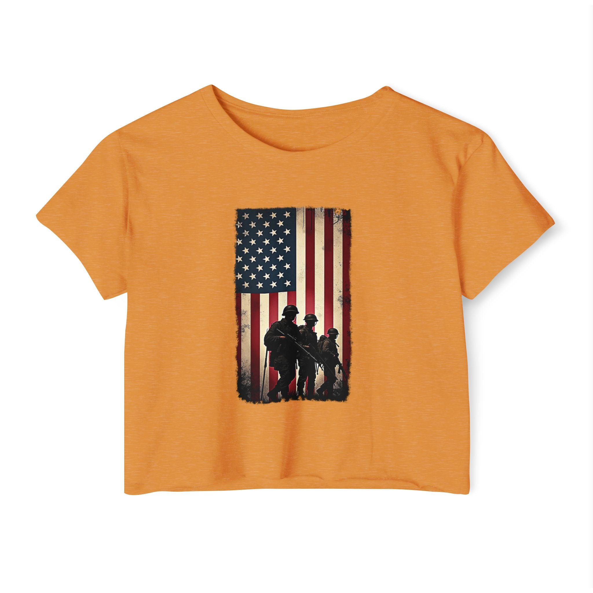 Antique gold orange t-shirt with American flag and silhouette design on a white background