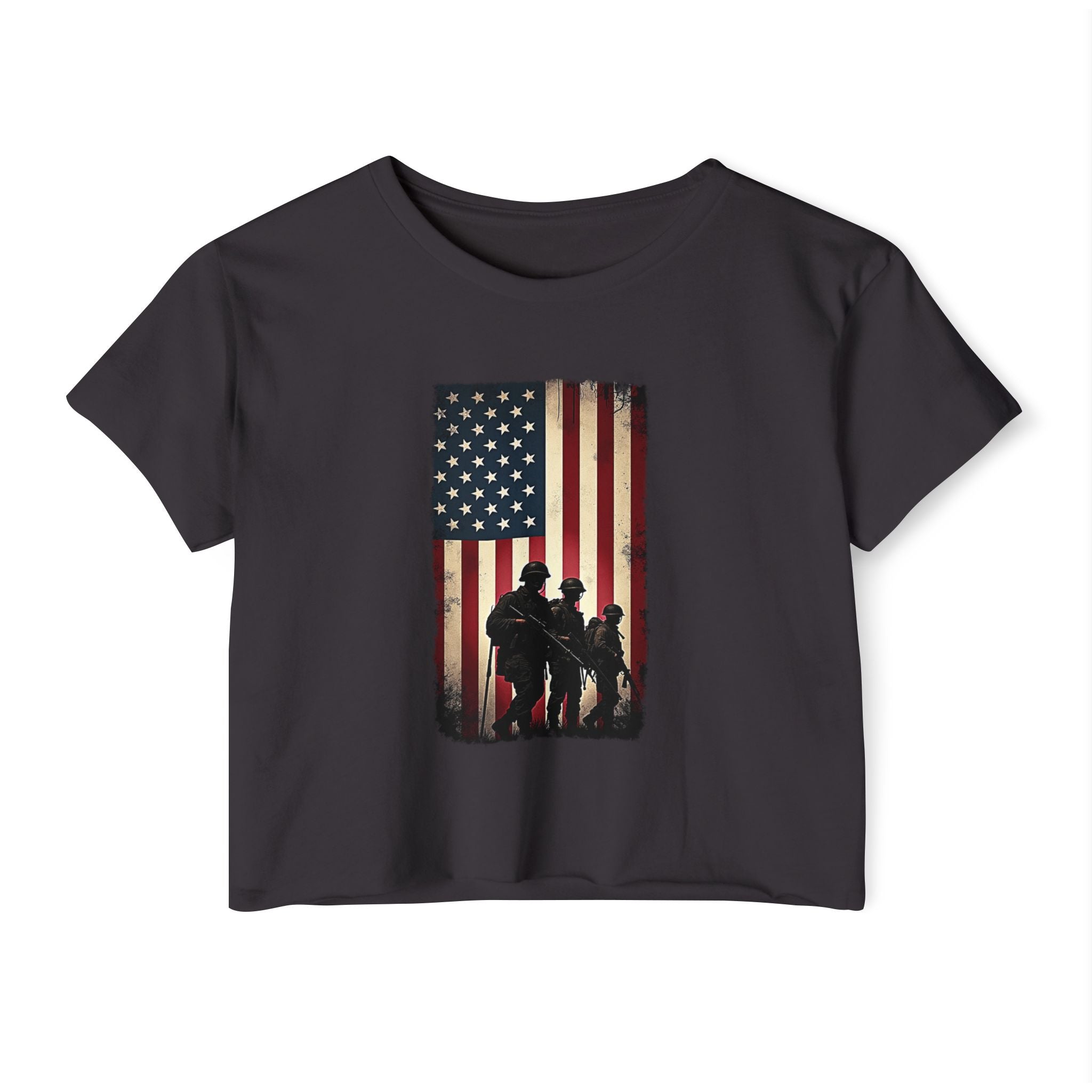Black t-shirt with American flag and silhouette design on a white background