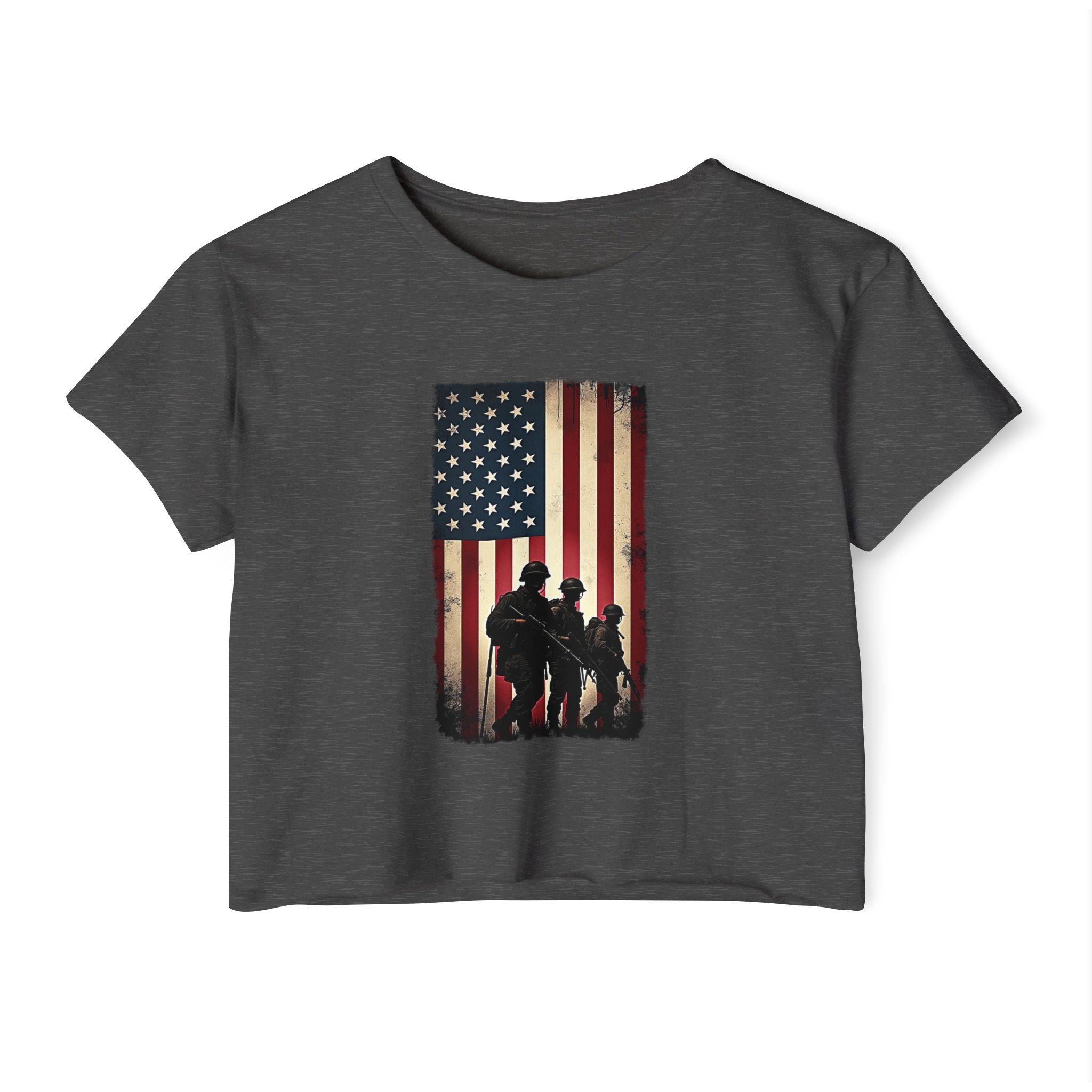 Charcoal gray t-shirt with American flag and silhouette design on a white background