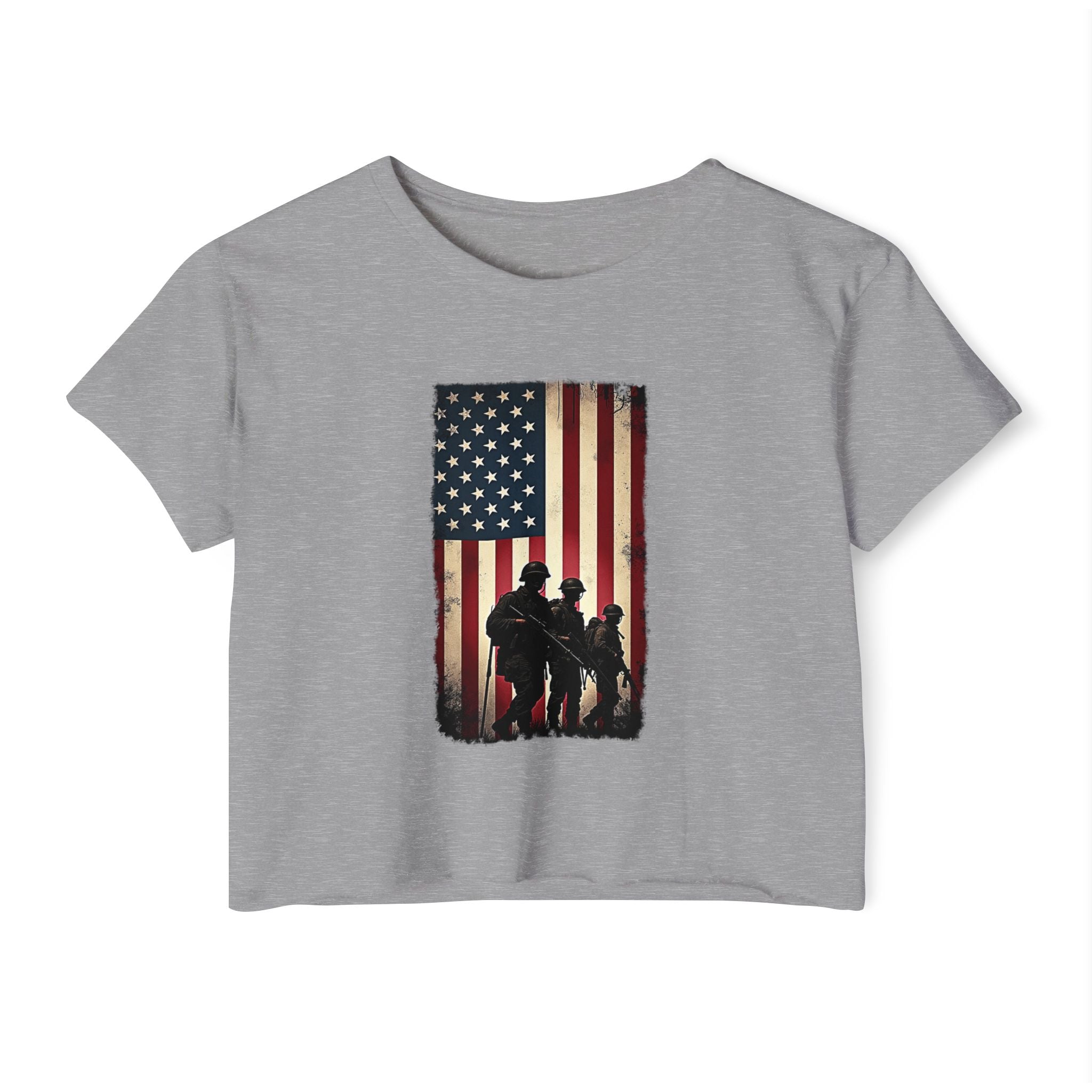 Gray t-shirt with American flag and silhouette design on a white background