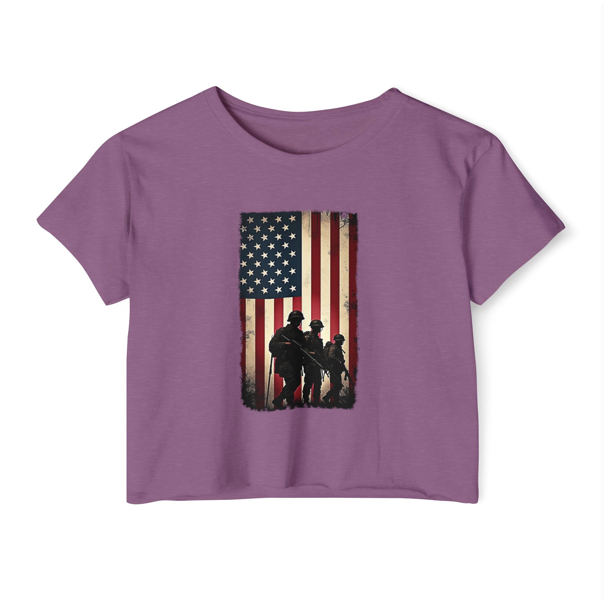 Shiraz purple t-shirt with an American flag and silhouette design on a white background