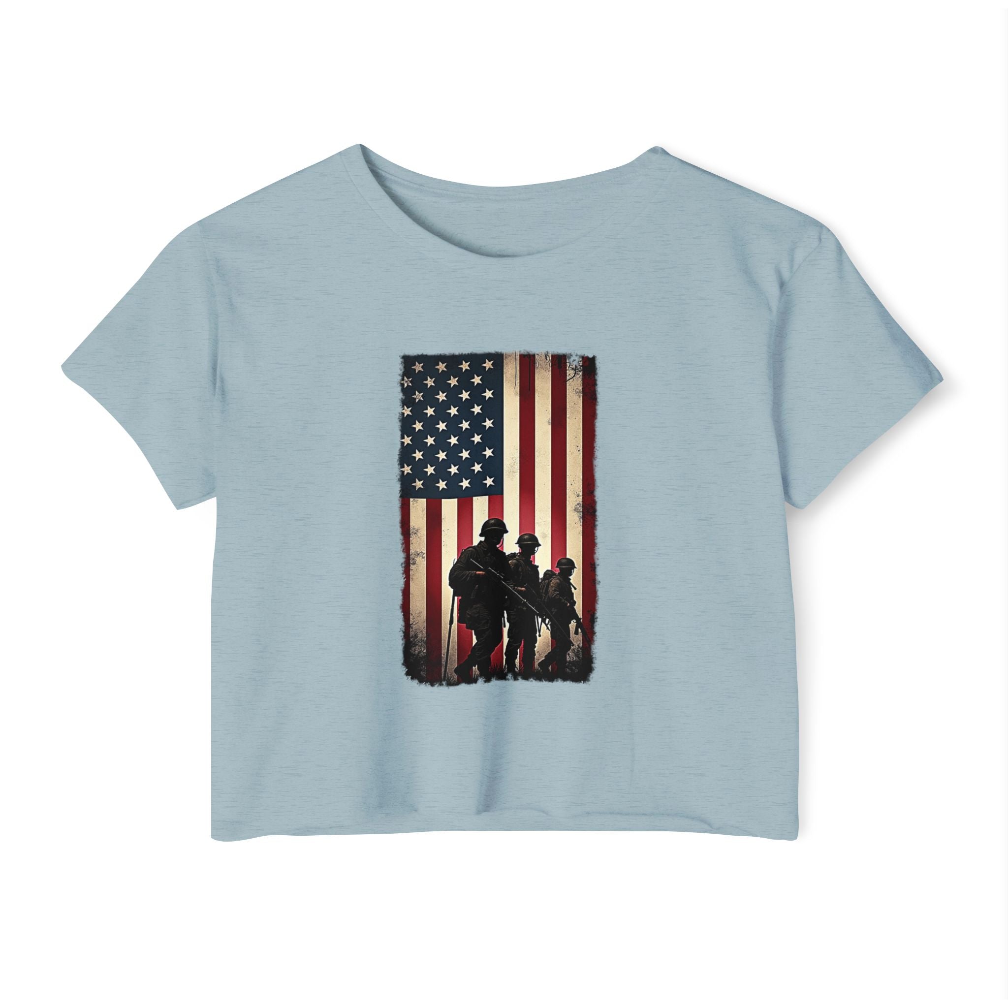 Stonewash denim light blue t-shirt with American flag and silhouette design on a white background