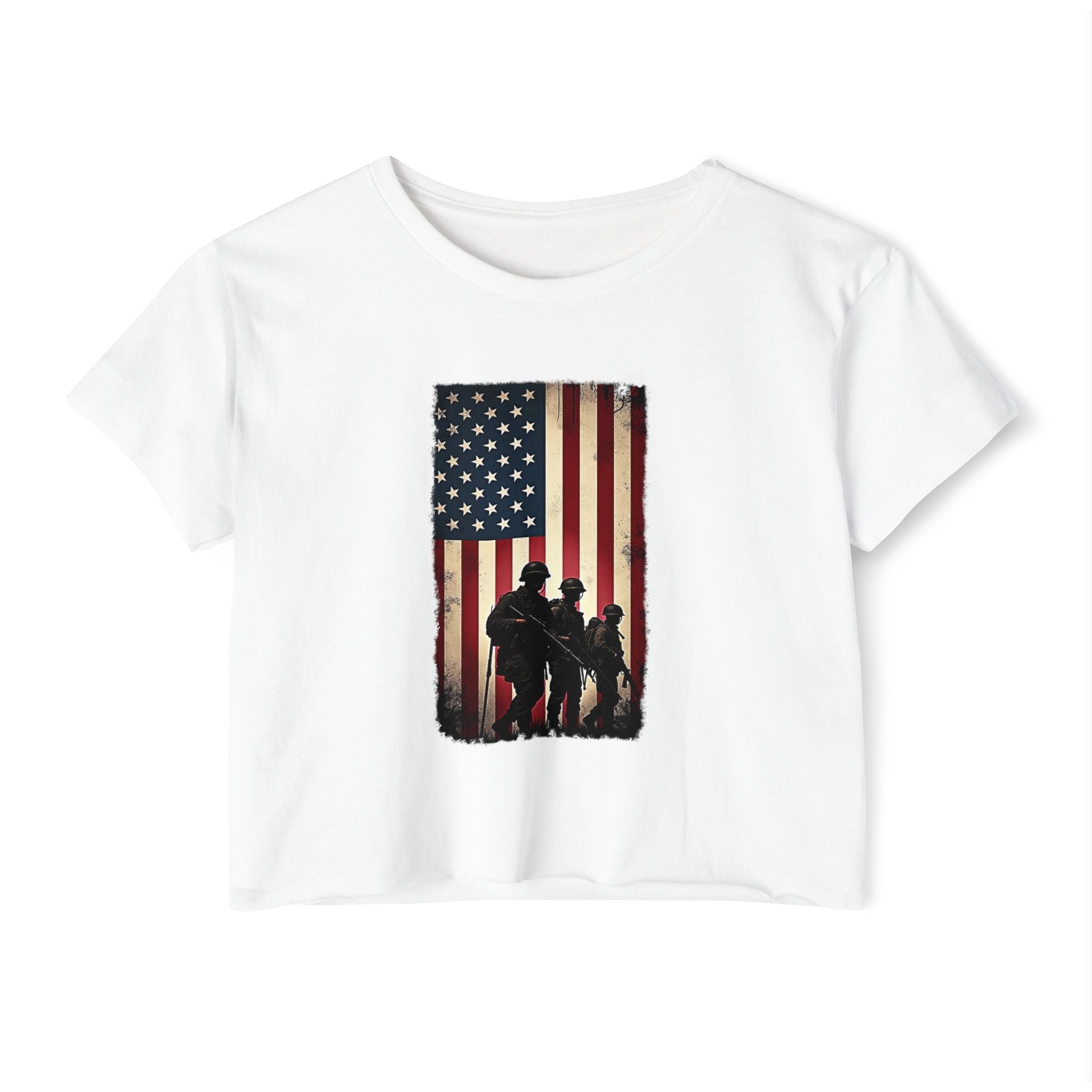 White t-shirt with American flag and silhouette design on a white background
