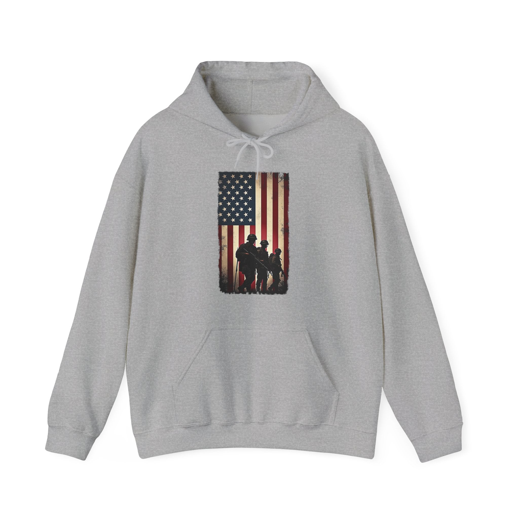 Gray hoodie with American flag and silhouette design on a white background