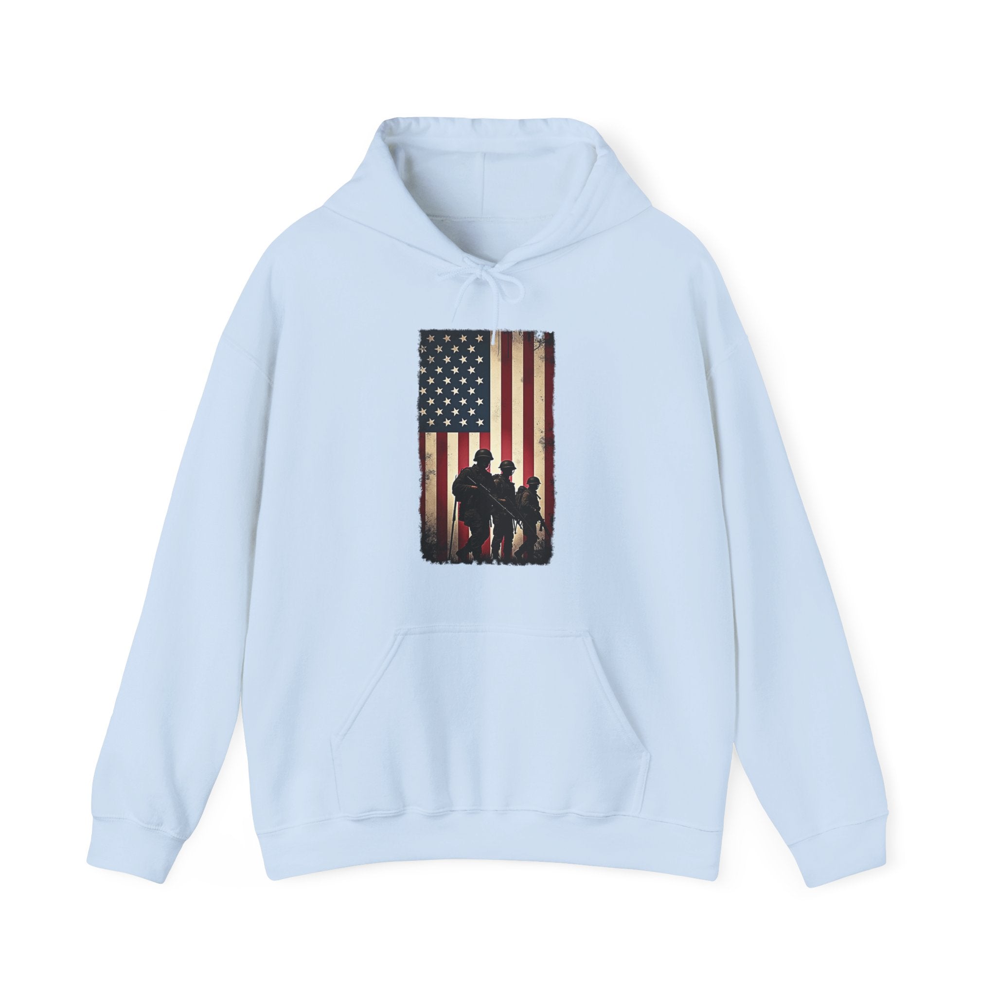 Light blue hoodie with American flag and silhouette design on a white background