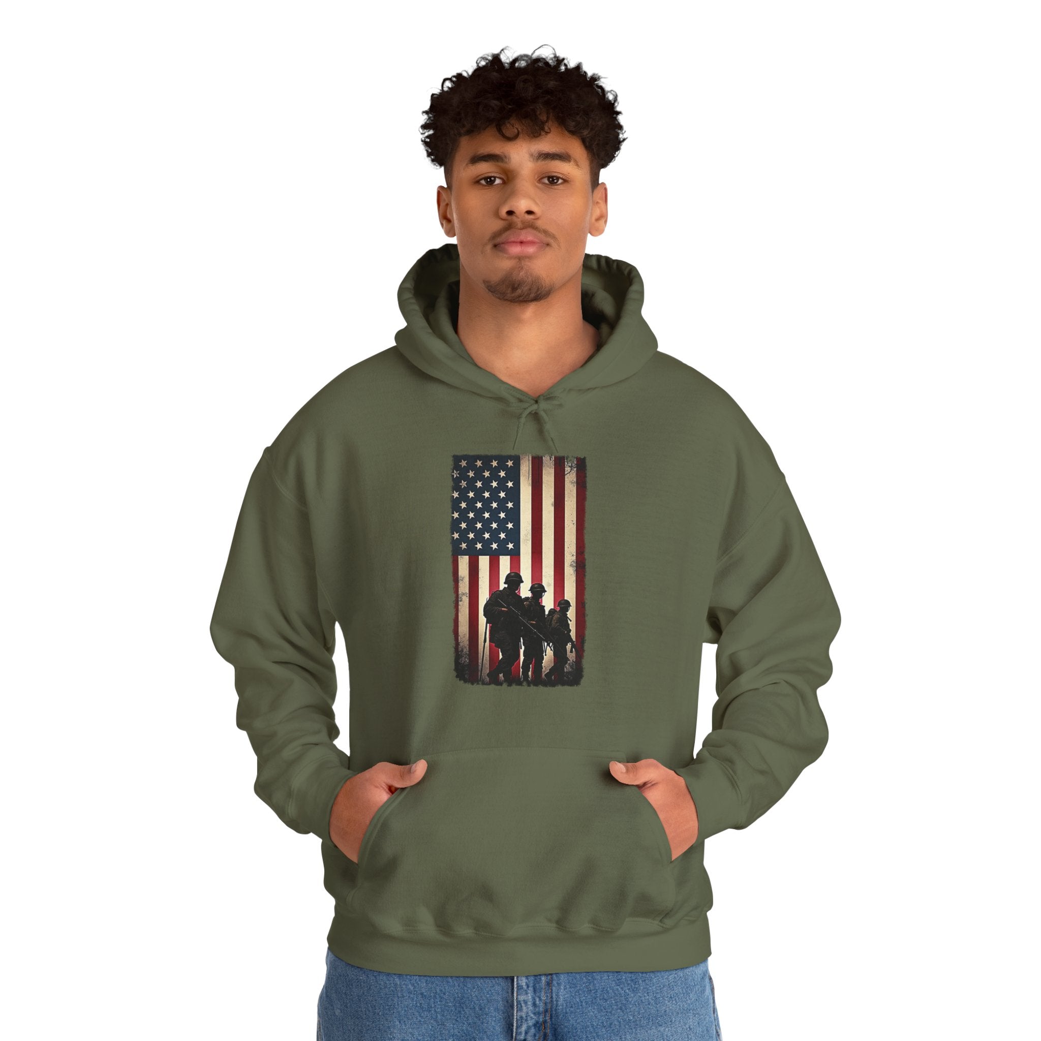Person wearing a green hoodie with an American flag and silhouette design on a white background