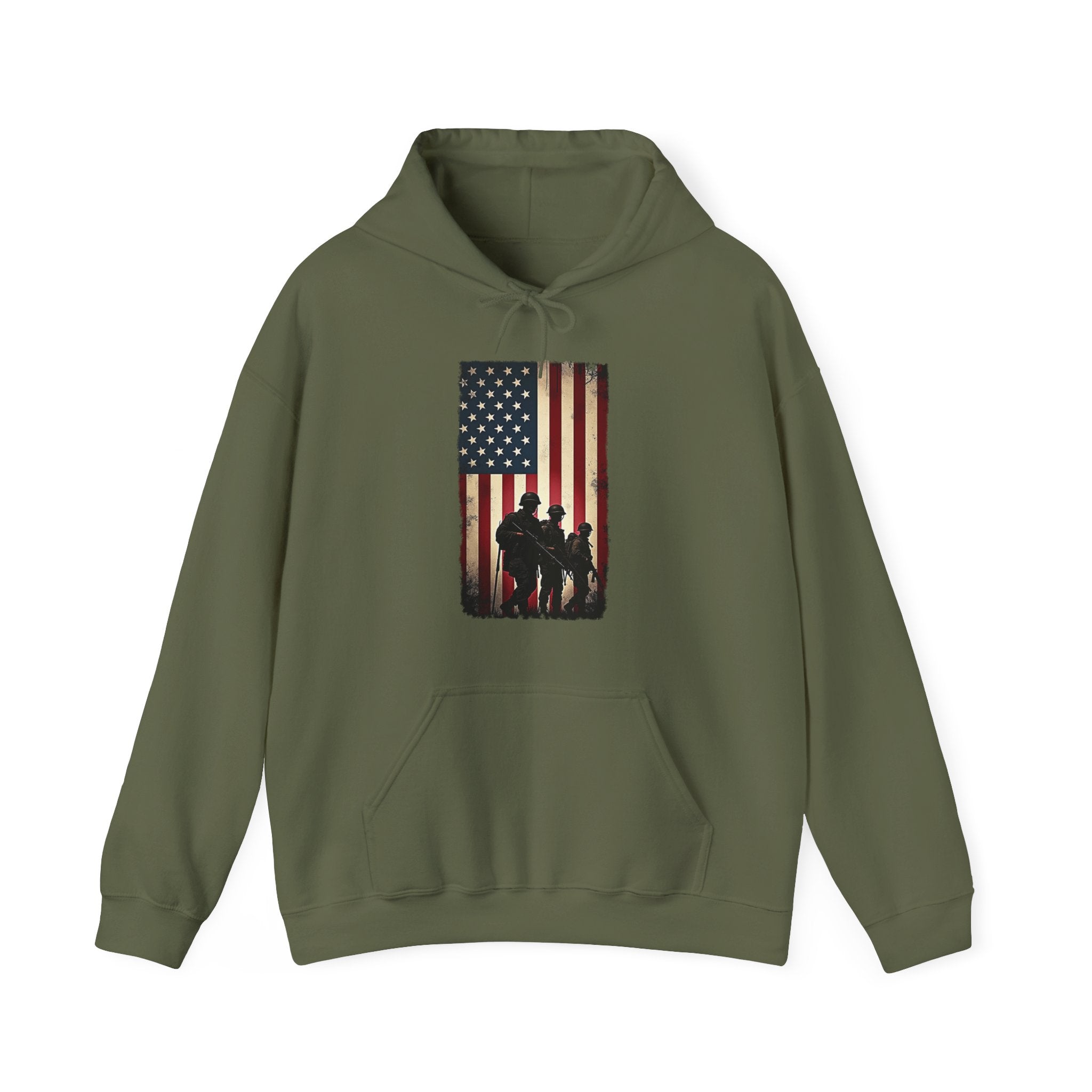 Military green hoodie with American flag and silhouette design on a white background