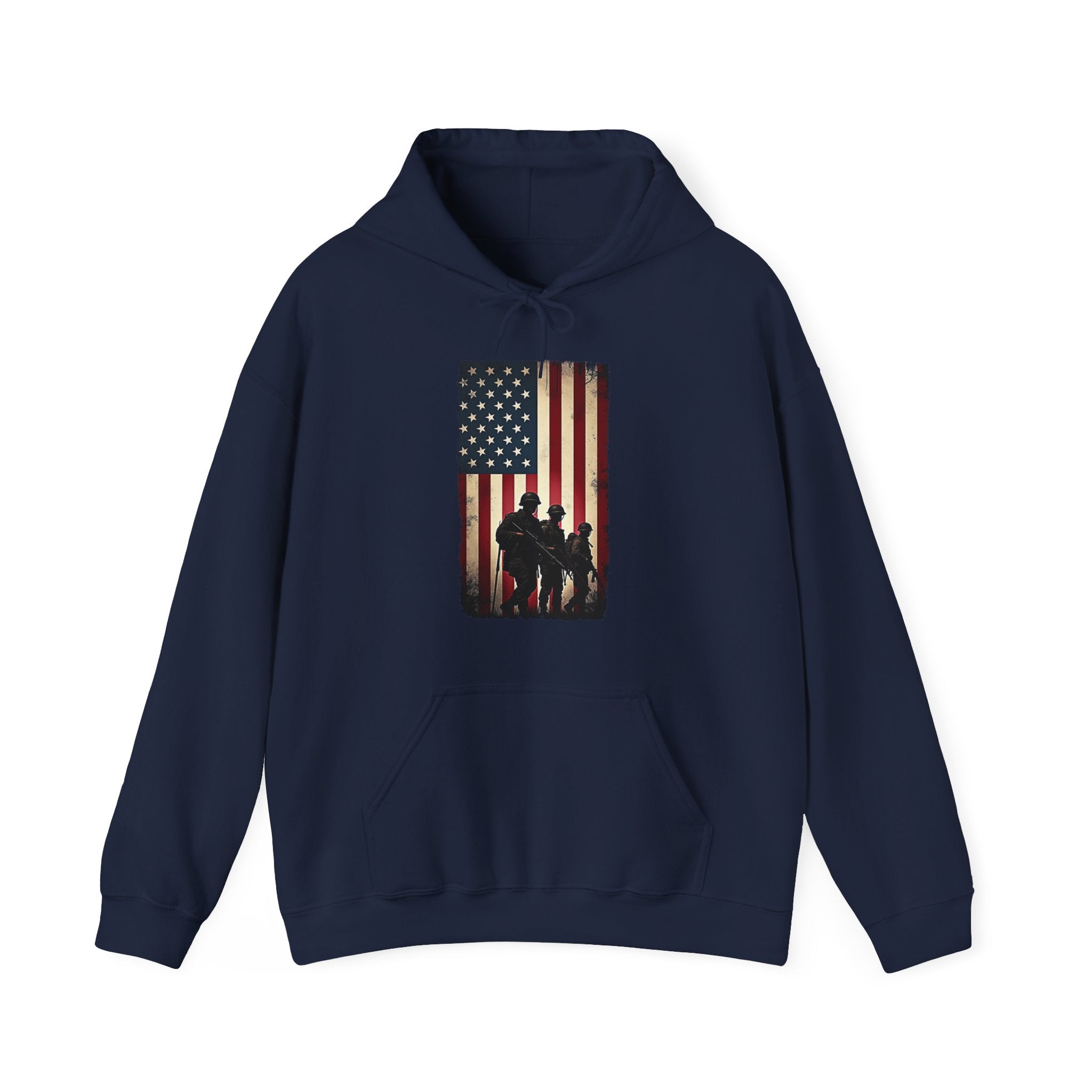Navy blue hoodie with American flag and silhouette design on a white background