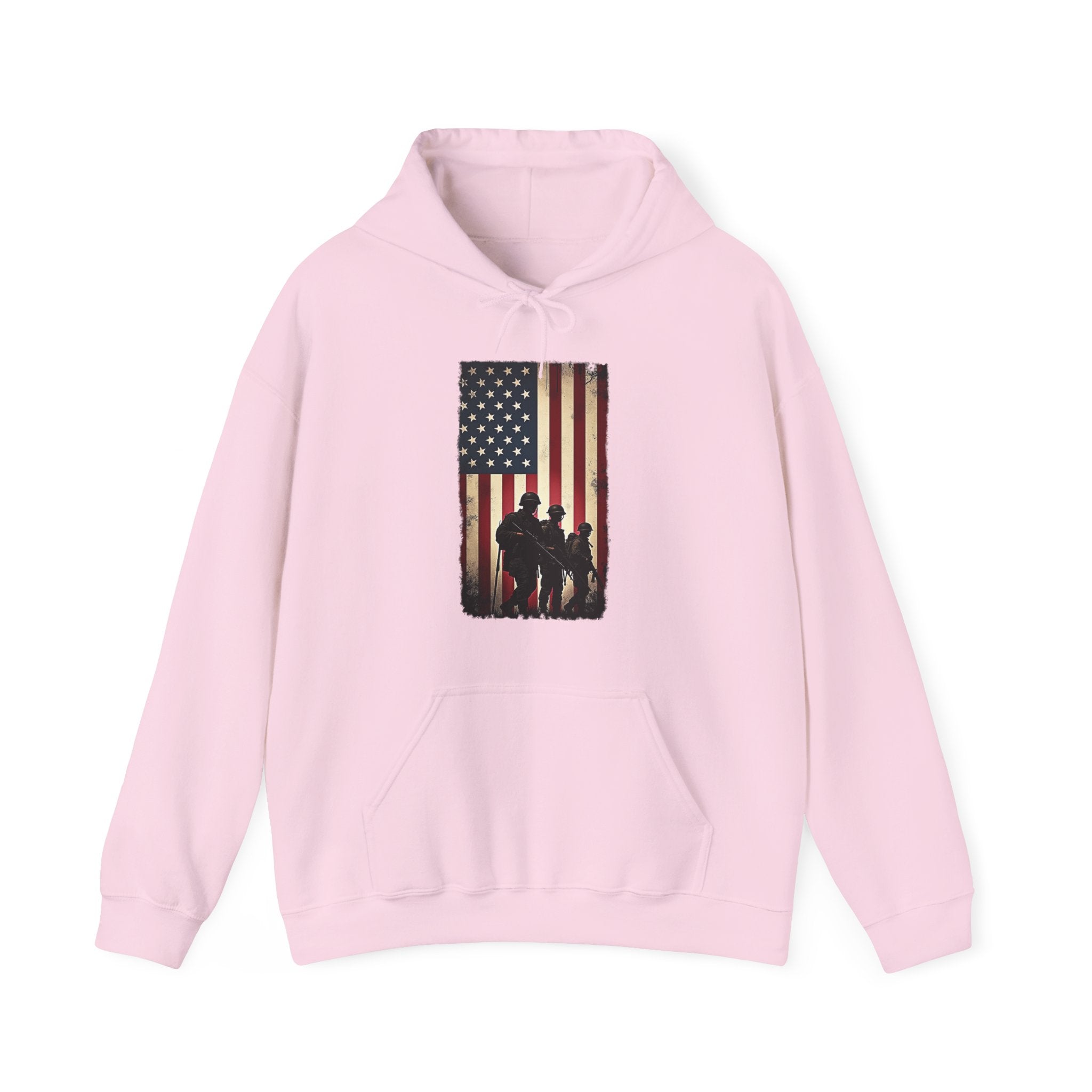 Pink hoodie with an American flag and silhouette design on a white background