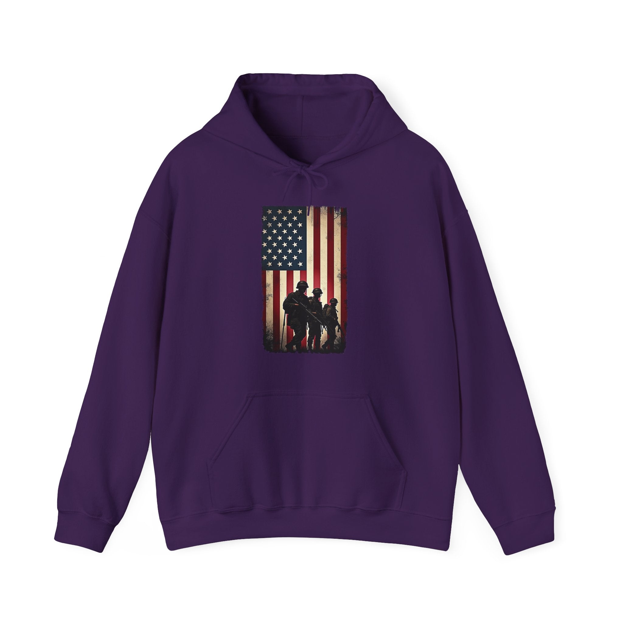 Purple hoodie with an American flag and silhouette design on a white background