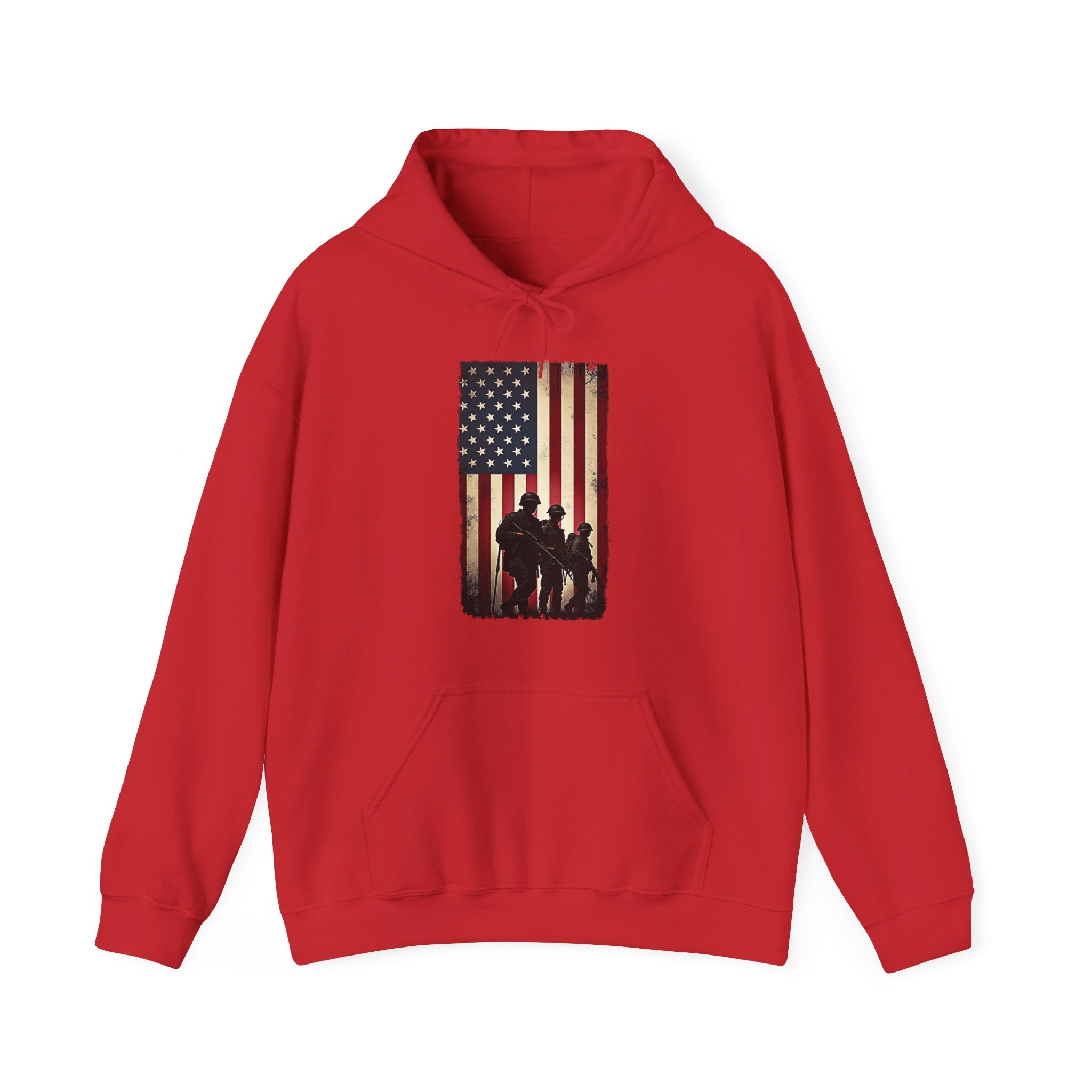 Red hoodie with an American flag and silhouette design on a white background