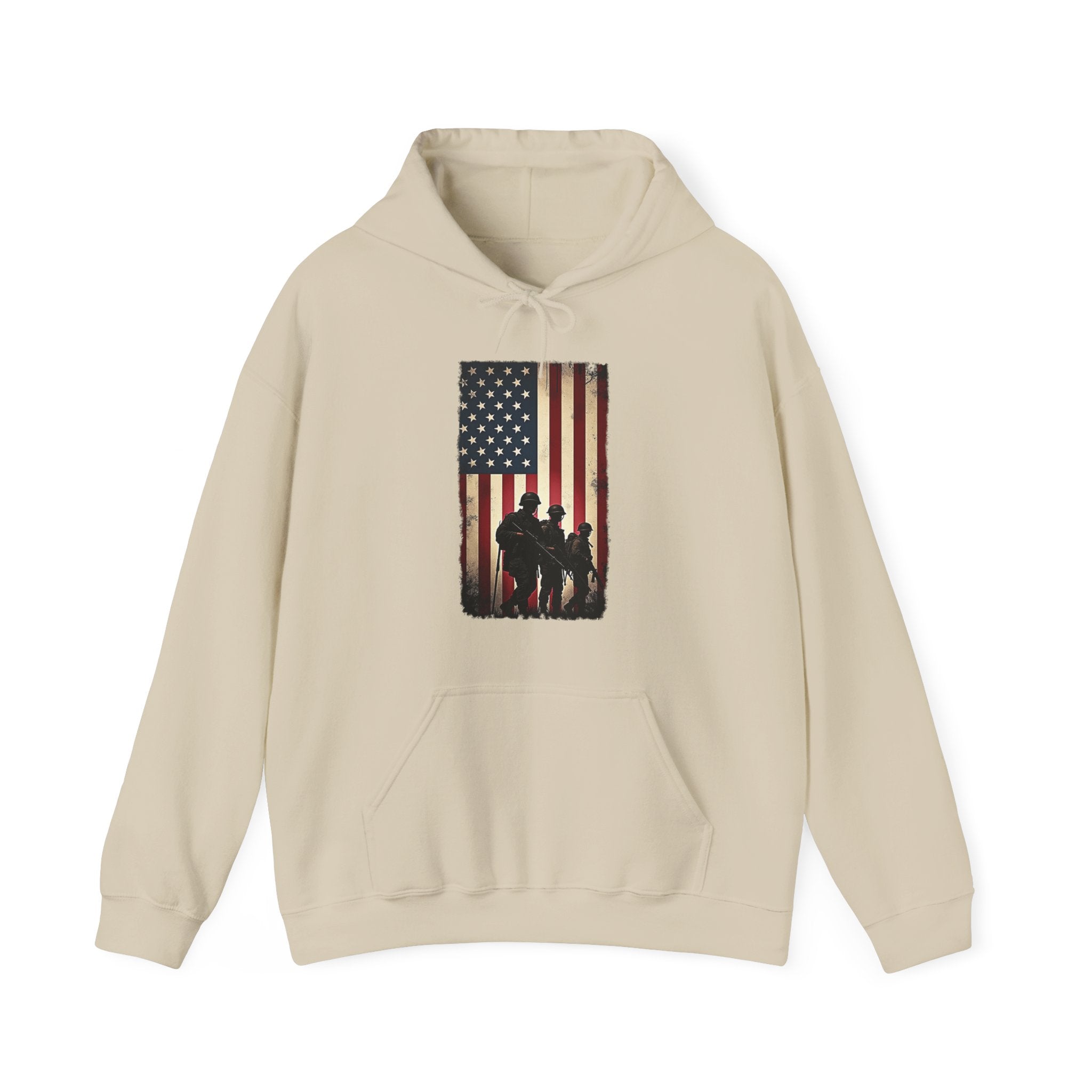Beige hoodie with American flag and silhouette design on a white background