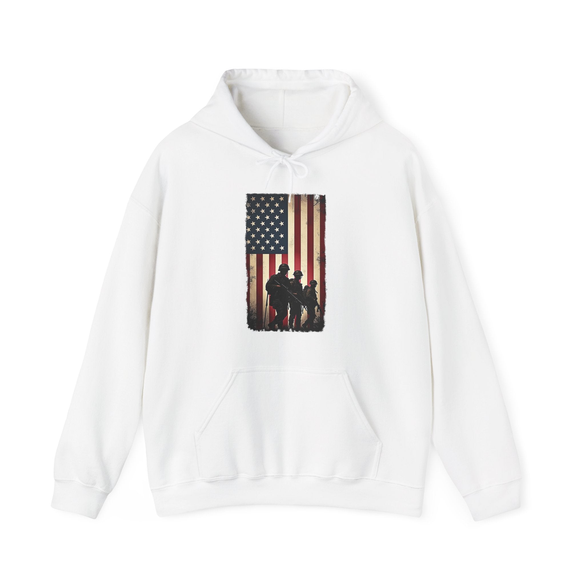 White hoodie with American flag and silhouette design on a white background