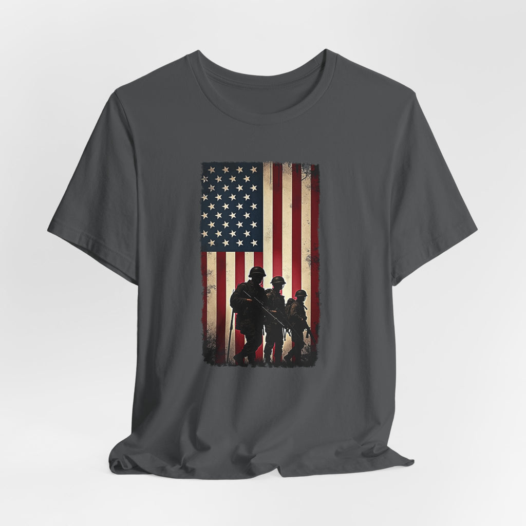 Asphalt gray t-shirt with vintage American flag and silhouette design on a white background