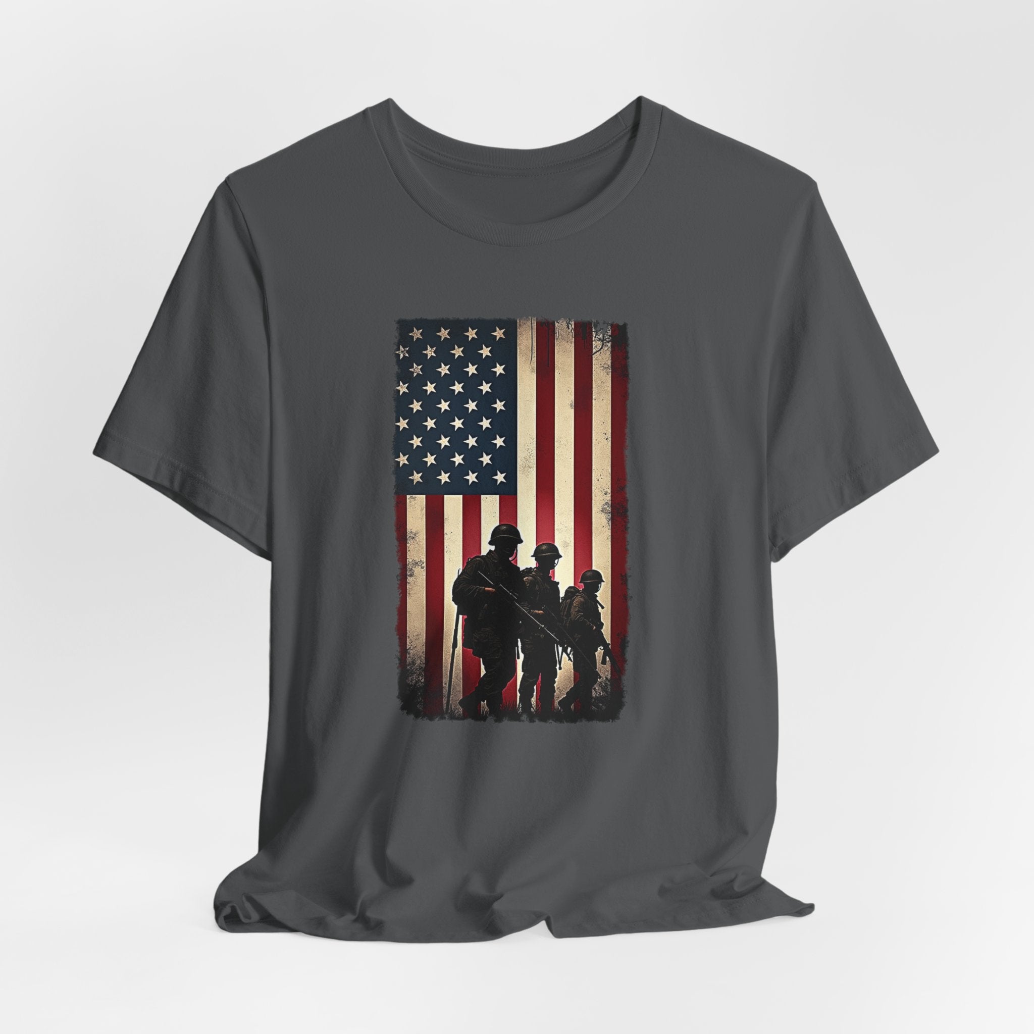 Asphalt gray t-shirt with vintage American flag and silhouette design on a white background