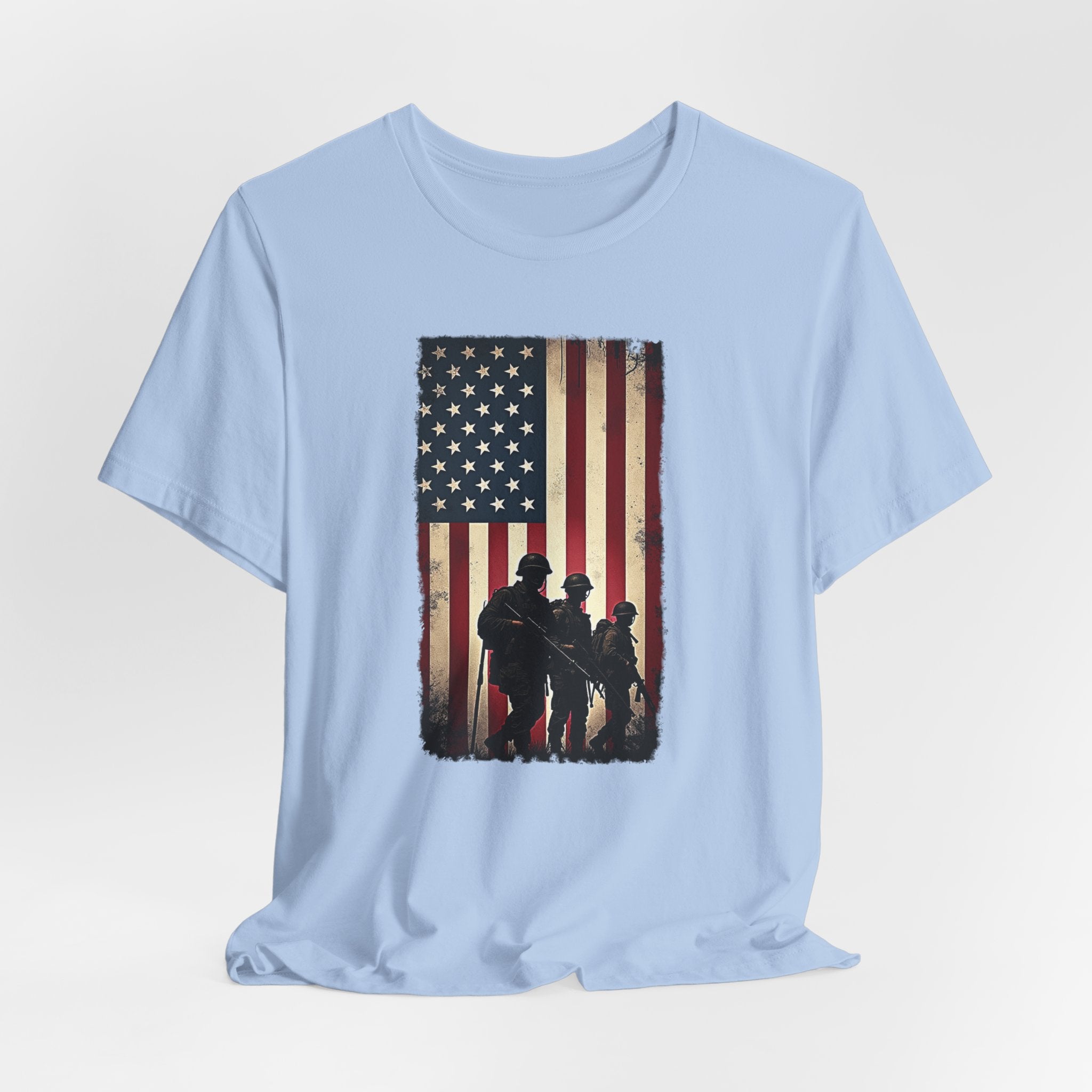 Baby light blue t-shirt with vintage American flag and silhouette design on a white background