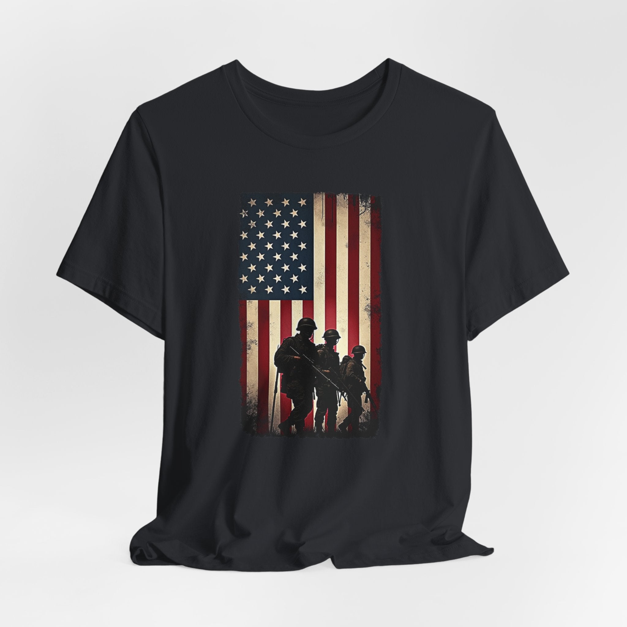 Black t-shirt with vintage American flag and silhouette design on a white background