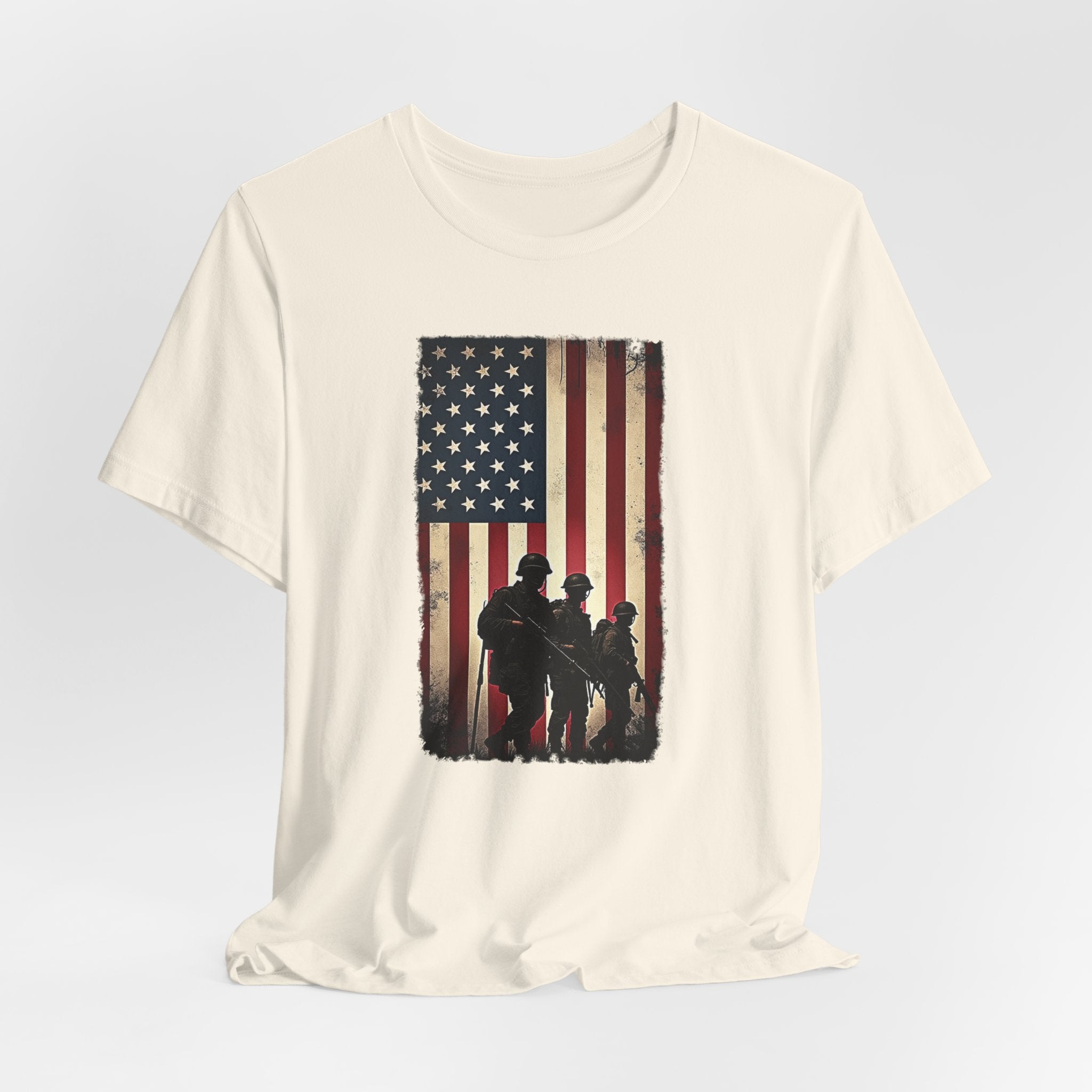 Ivory beige t-shirt with vintage American flag and silhouette design on a white background