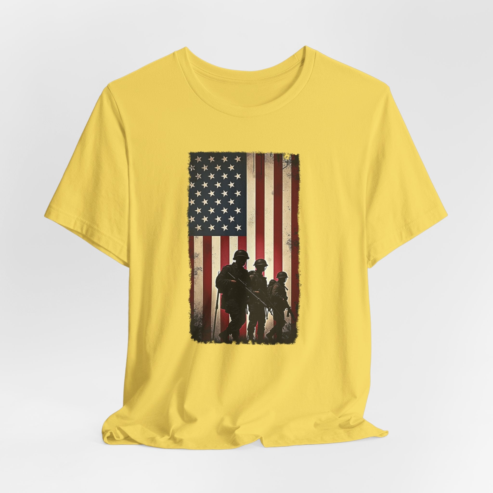 Maze yellow t-shirt with vintage American flag and silhouette design on a white background
