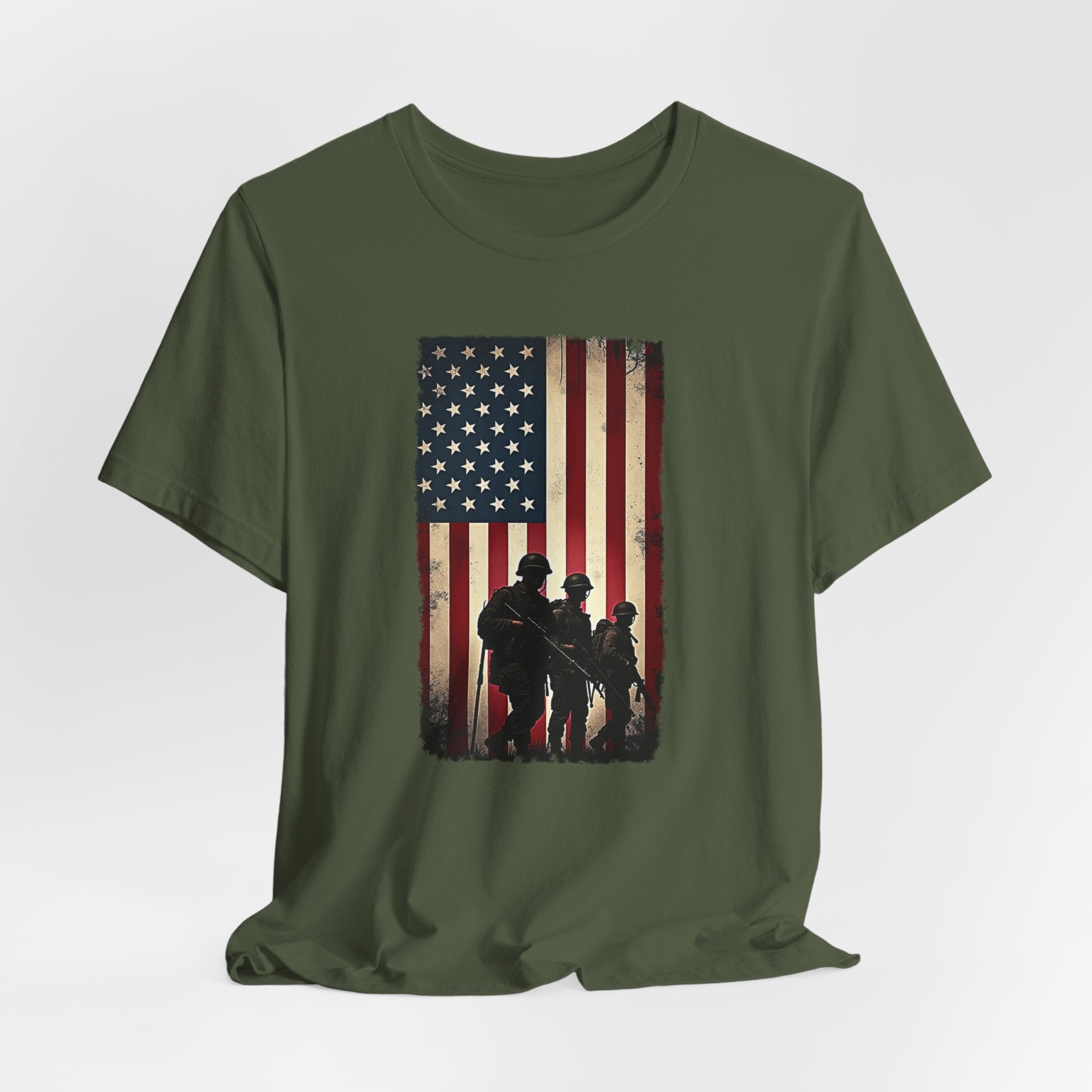 Military green t-shirt with vintage American flag and silhouette design on a white background