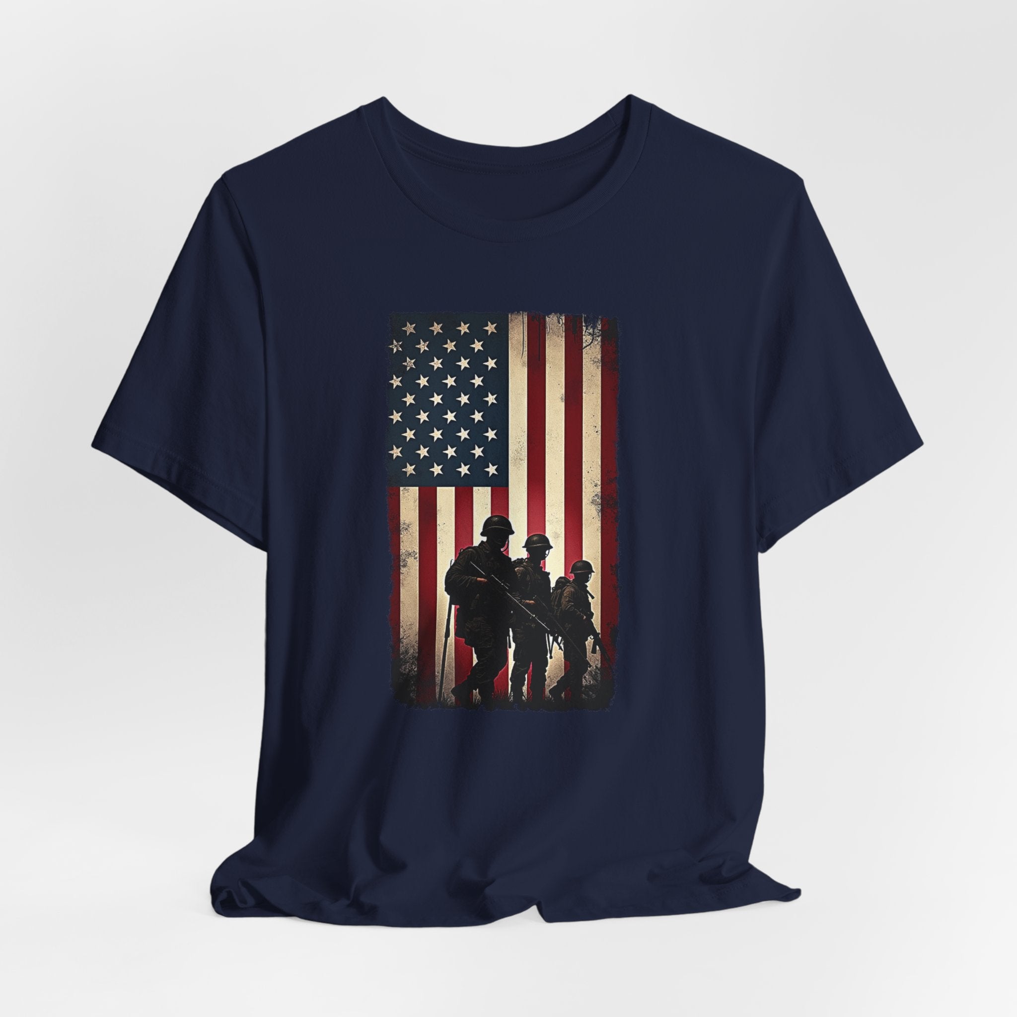 Navy blue t-shirt with vintage American flag and silhouette design on a white background