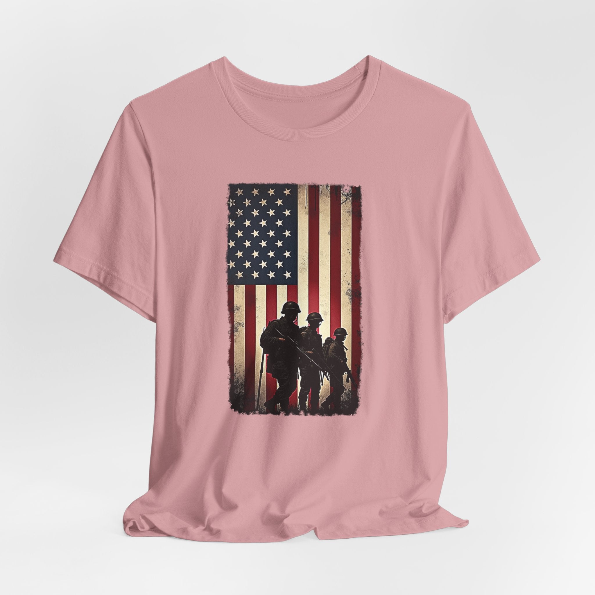 Orchid pink t-shirt with vintage American flag and silhouette design on a white background