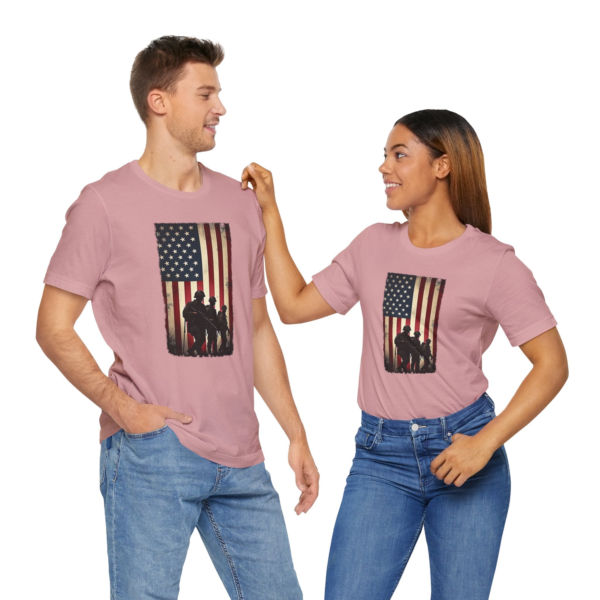 Two people wearing pink t-shirts with a graphic design on a white background