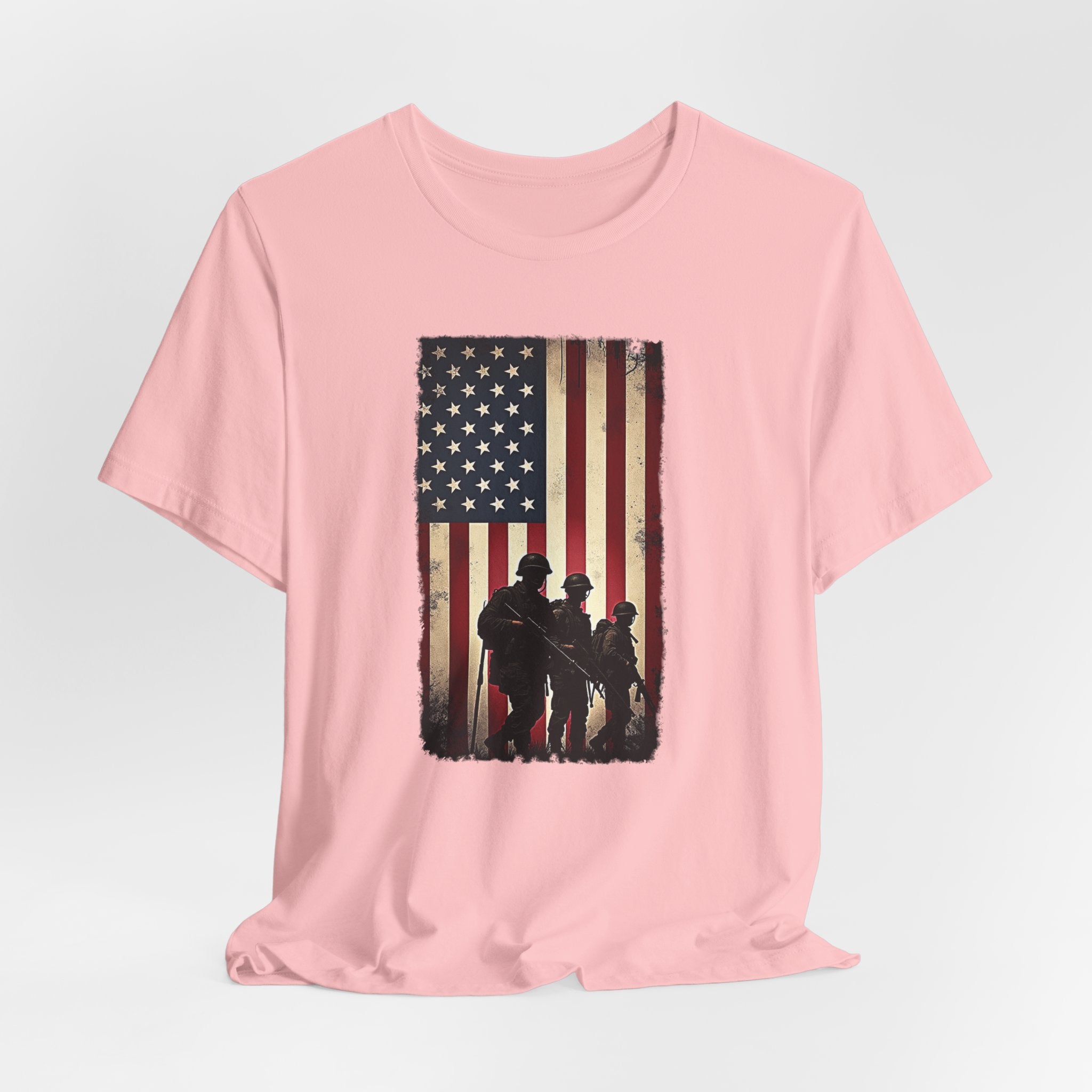 Pink t-shirt with vintage American flag and silhouette design on a white background