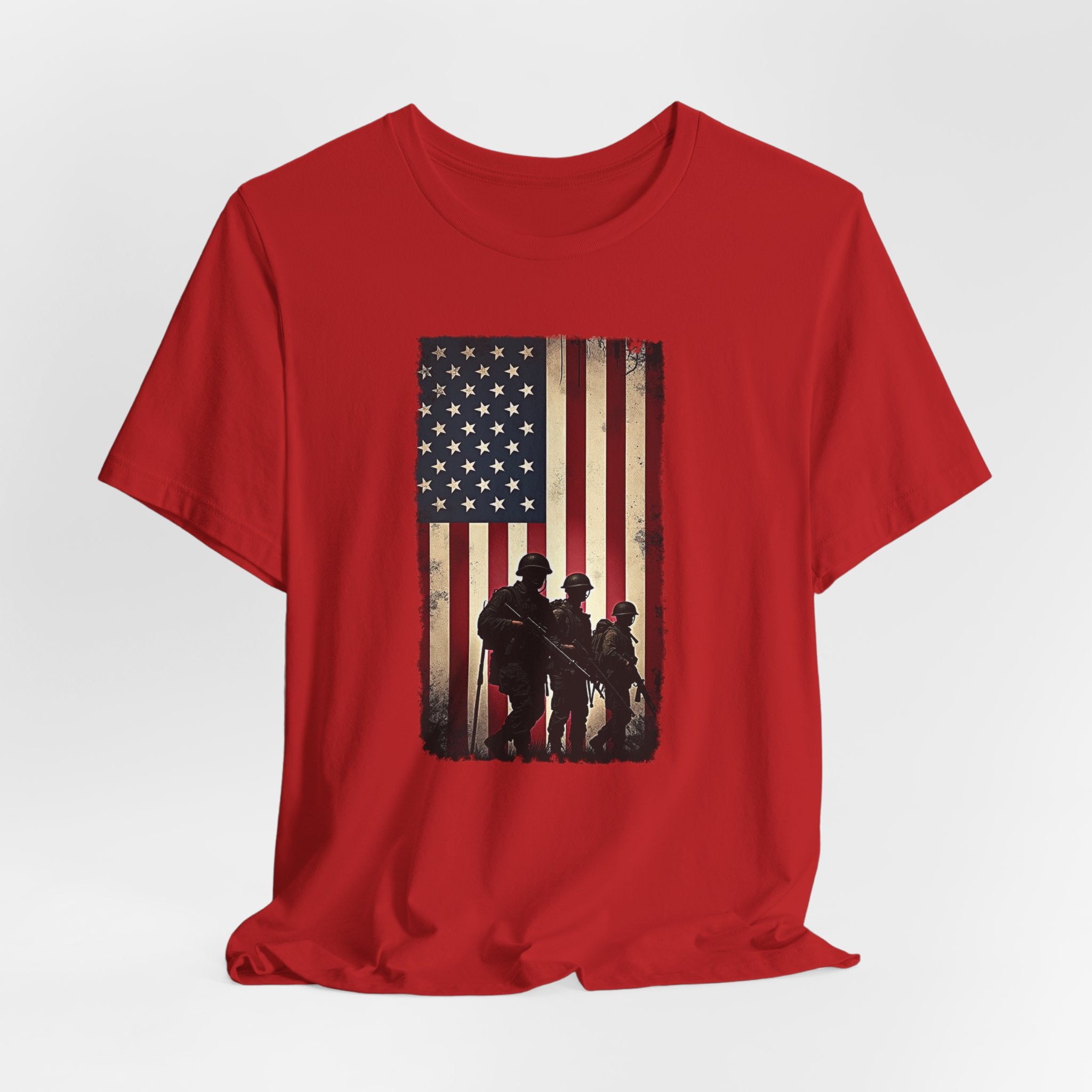 Red t-shirt with vintage American flag and silhouette design on a white background