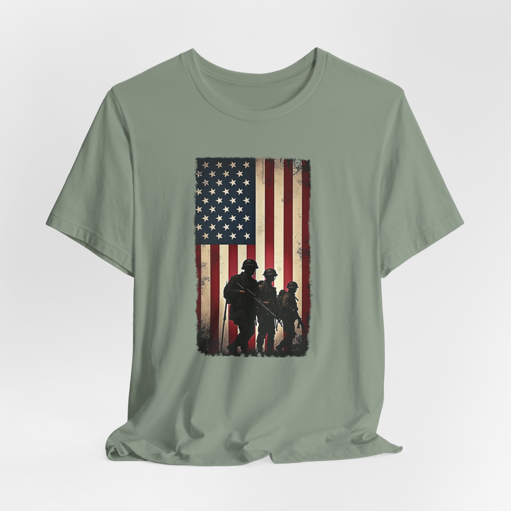 Sage green t-shirt with vintage American flag and silhouette design on a white background