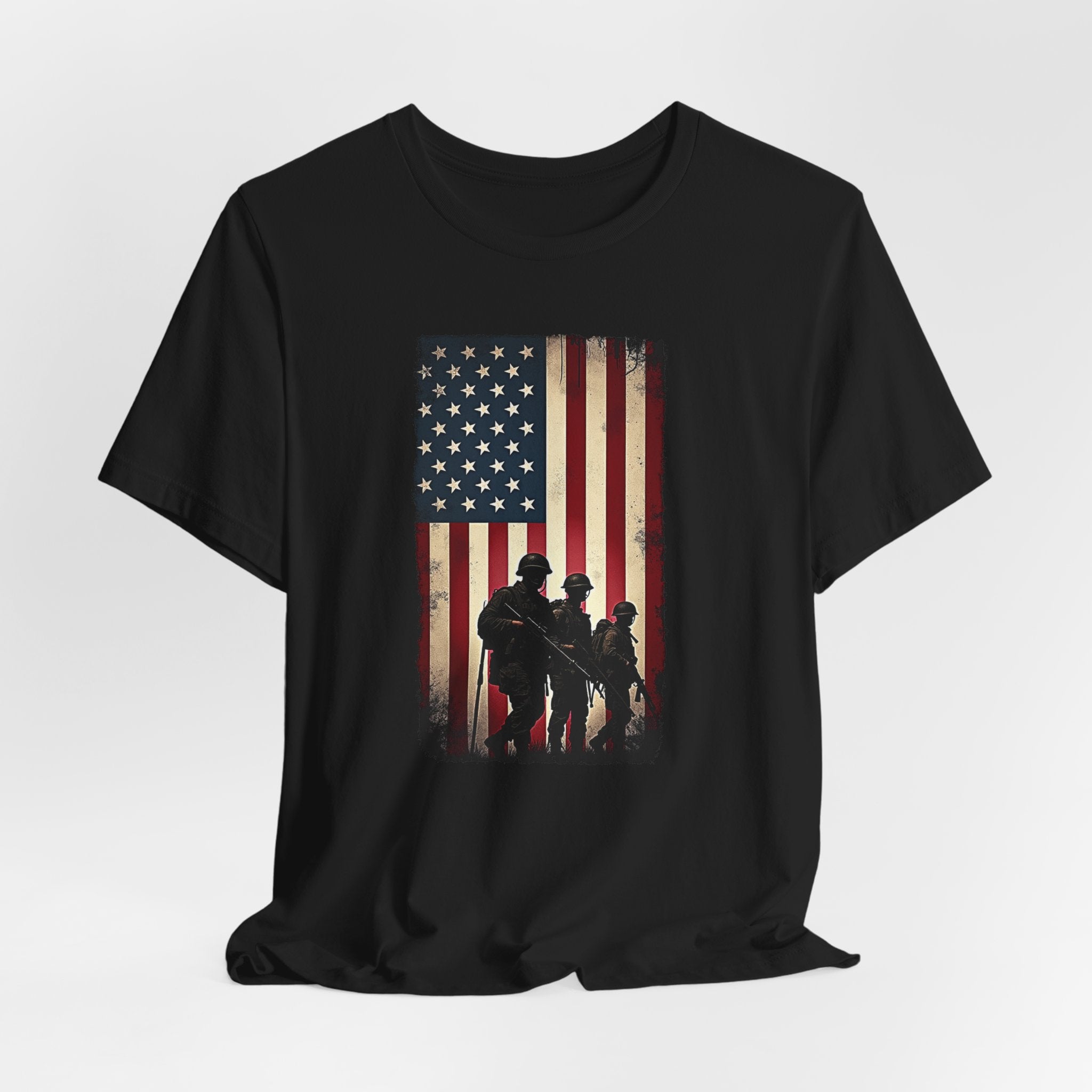 Vintage black t-shirt with vintage American flag and silhouette design on a white background