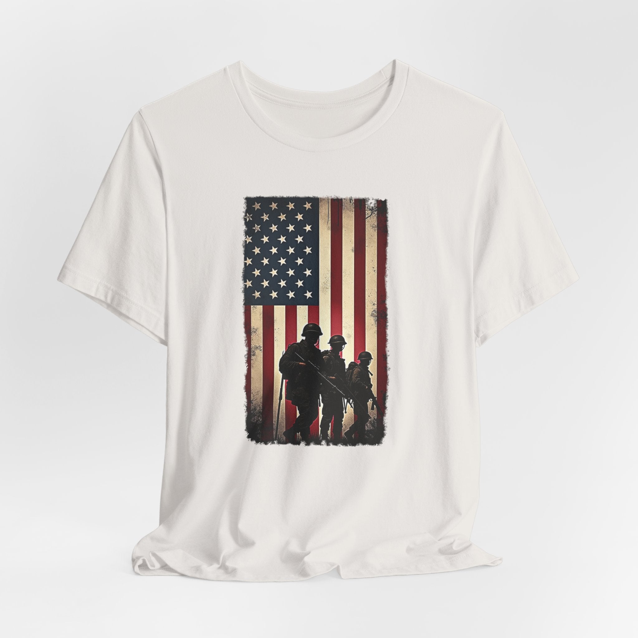 Vintage white t-shirt with vintage American flag and silhouette design on a white background
