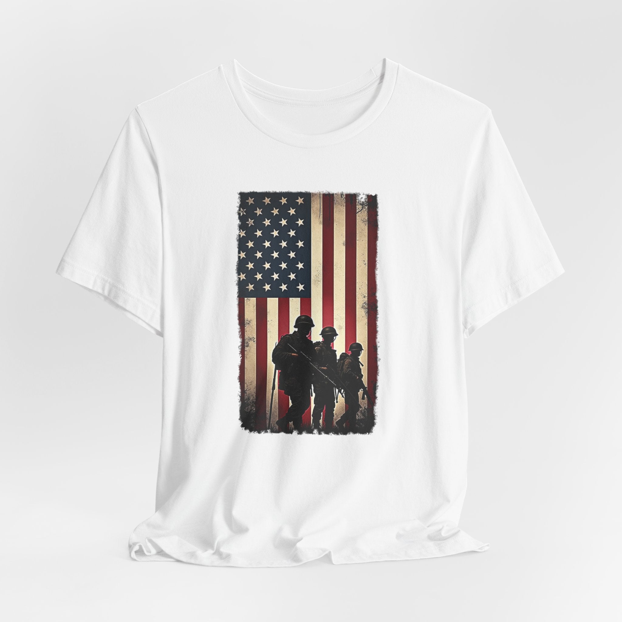 White t-shirt with vintage American flag and silhouette design on a white background